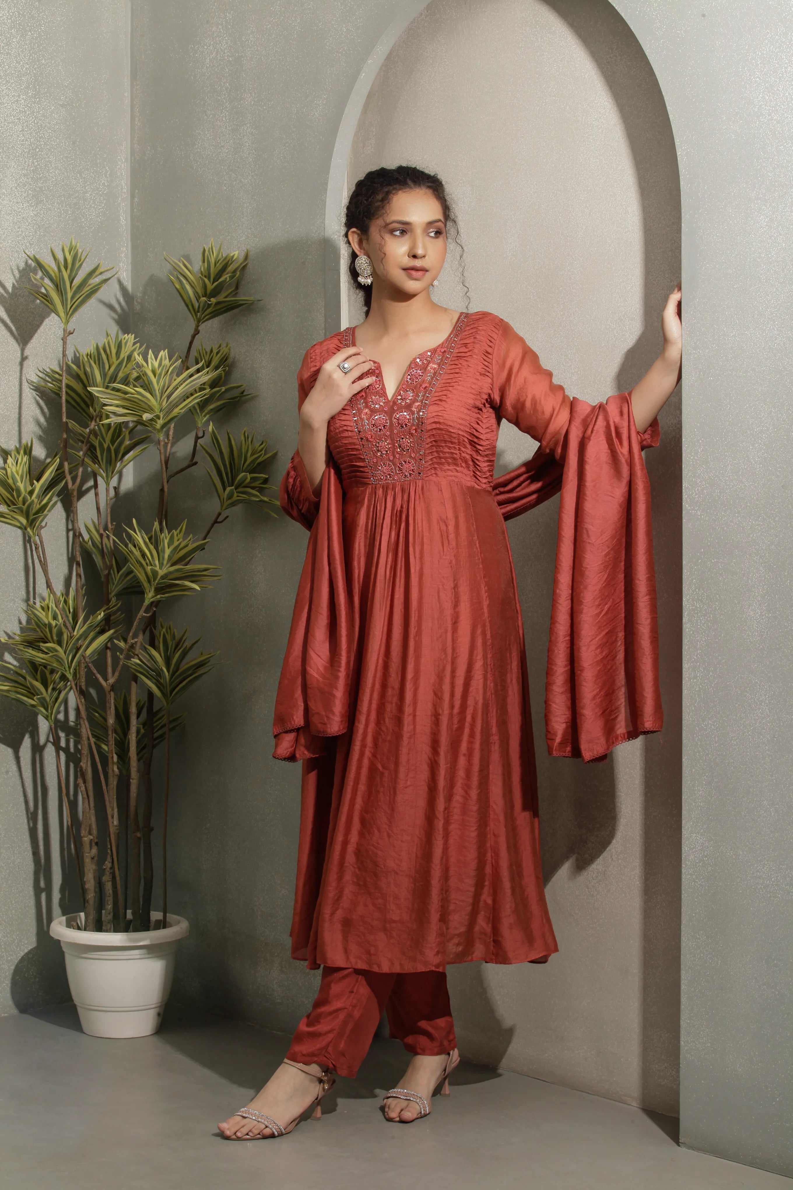 Rust Copper A-Line Kurta Set with Pant & Dupatta