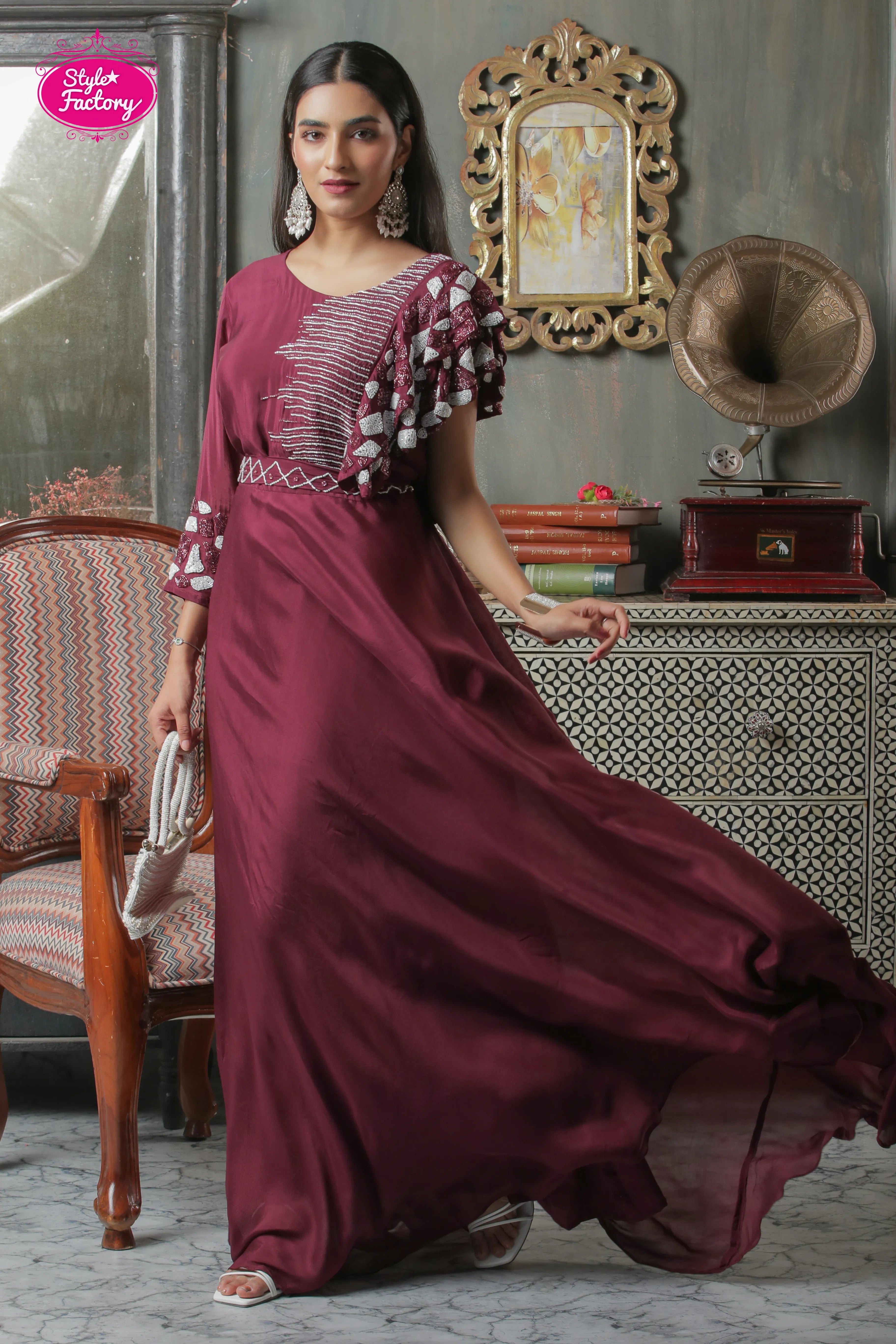 Wine Ruffle Sleeve Embroidered Gown