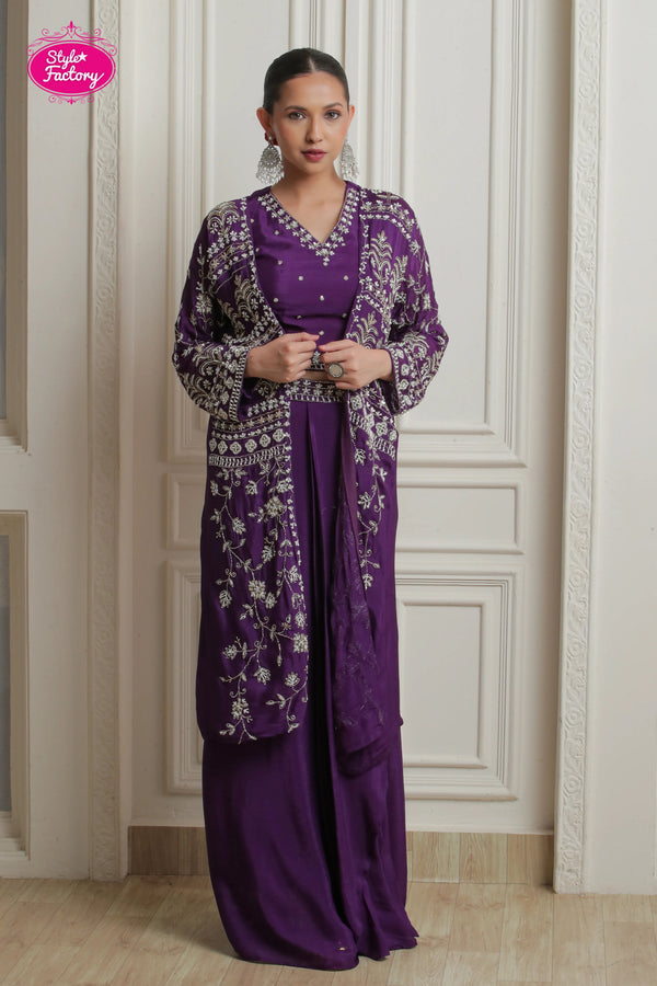 Purple 3-Piece Drape Dress with Embroidered Long Jacket