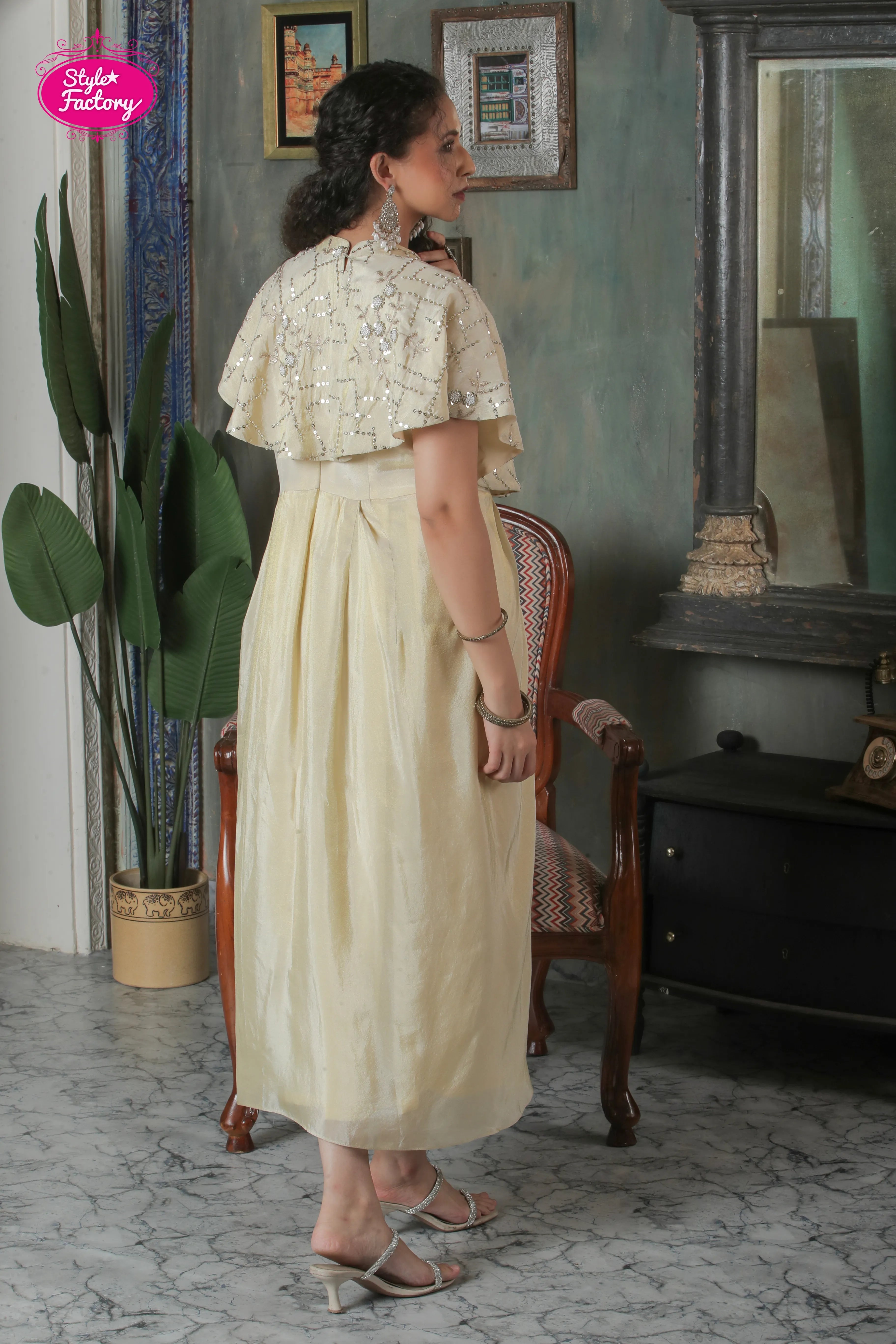 Ivory Sequinned Drape Gown Set with Cape