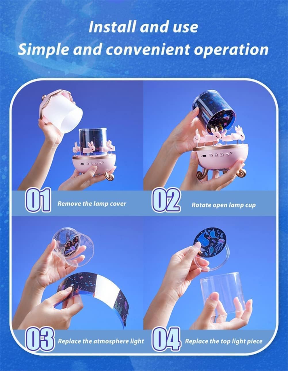 Rabbit Sky Projector for Kids – 360° Rotating Lamp with 6 Films