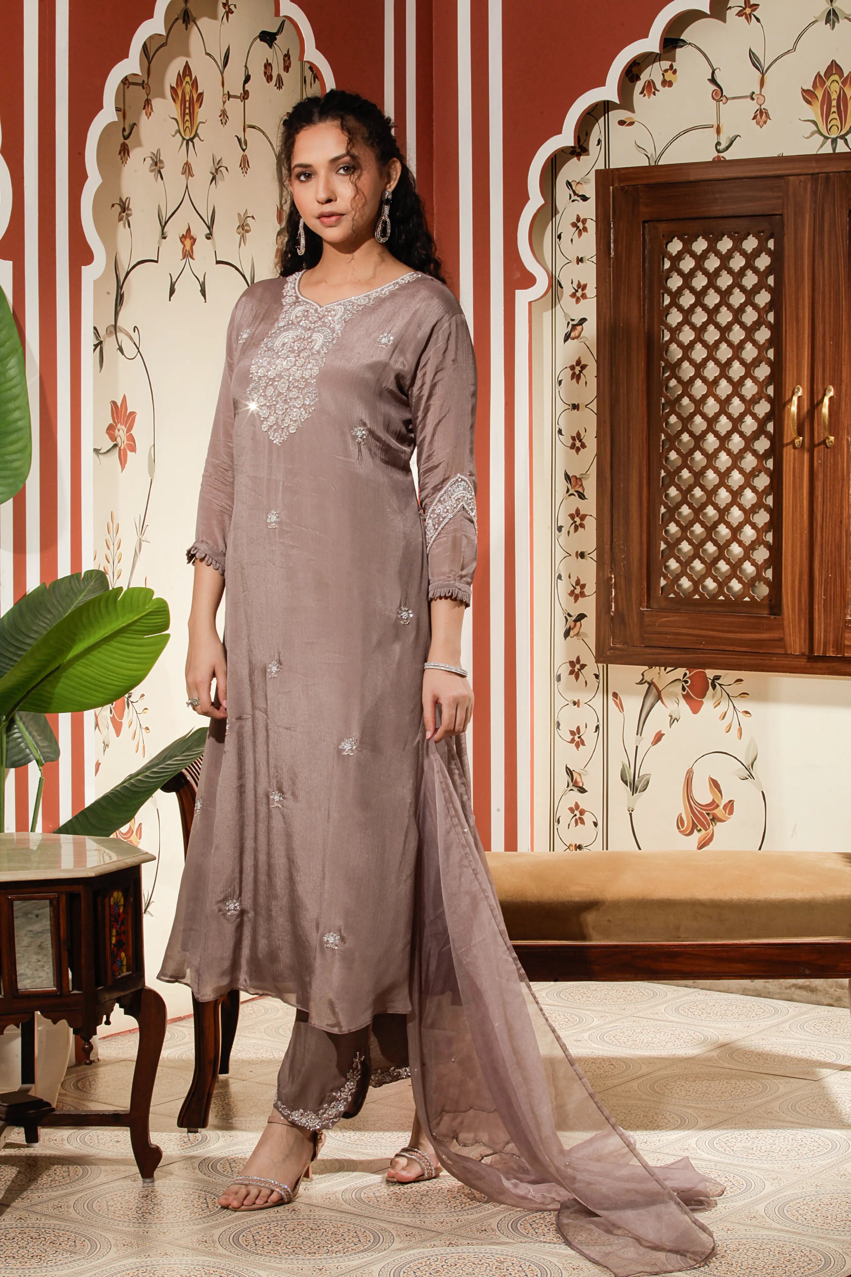 Mauve Embroidered Straight Kurta Set with Dupatta