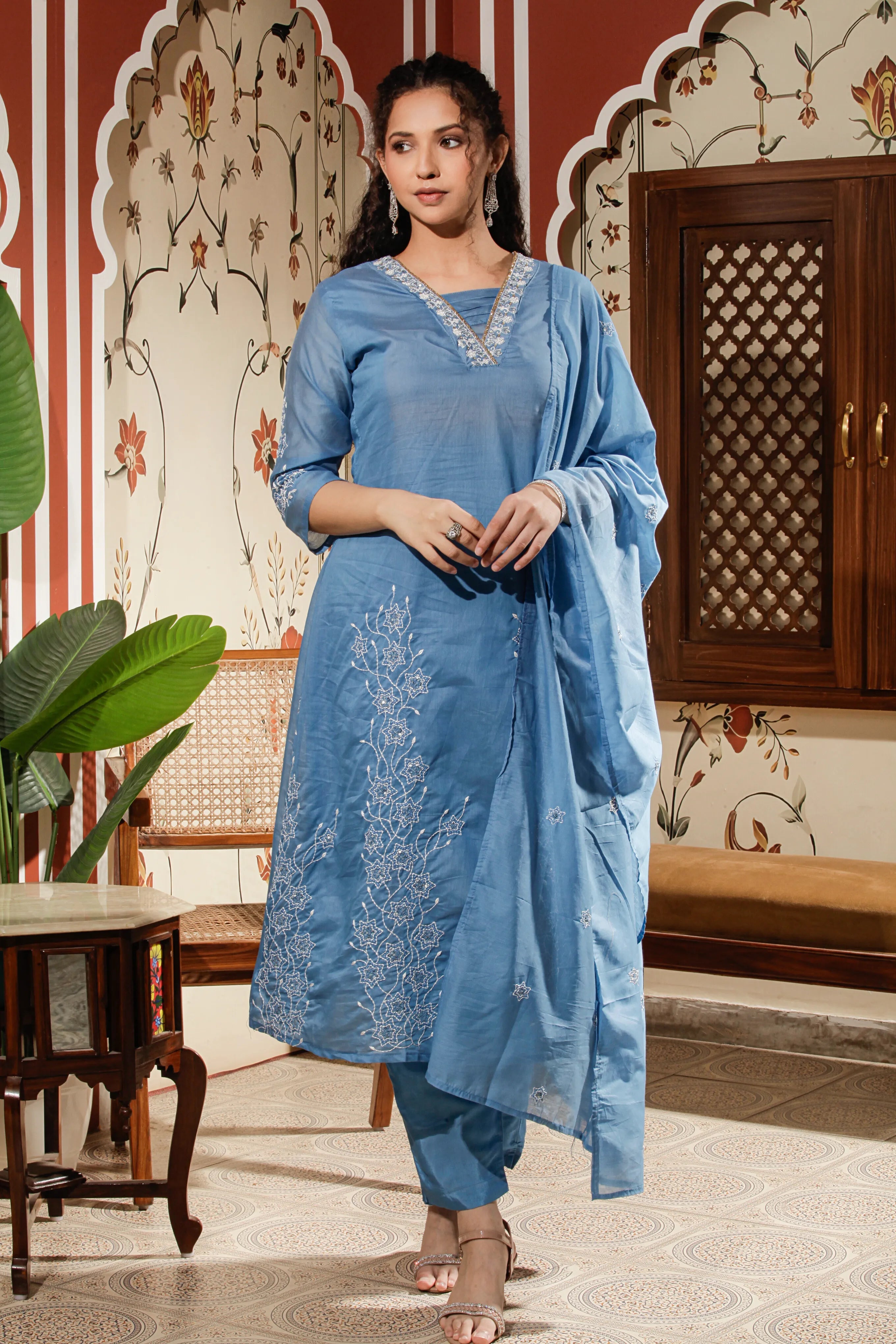 Sky Blue A-Line Kurta Set with Pant & Dupatta