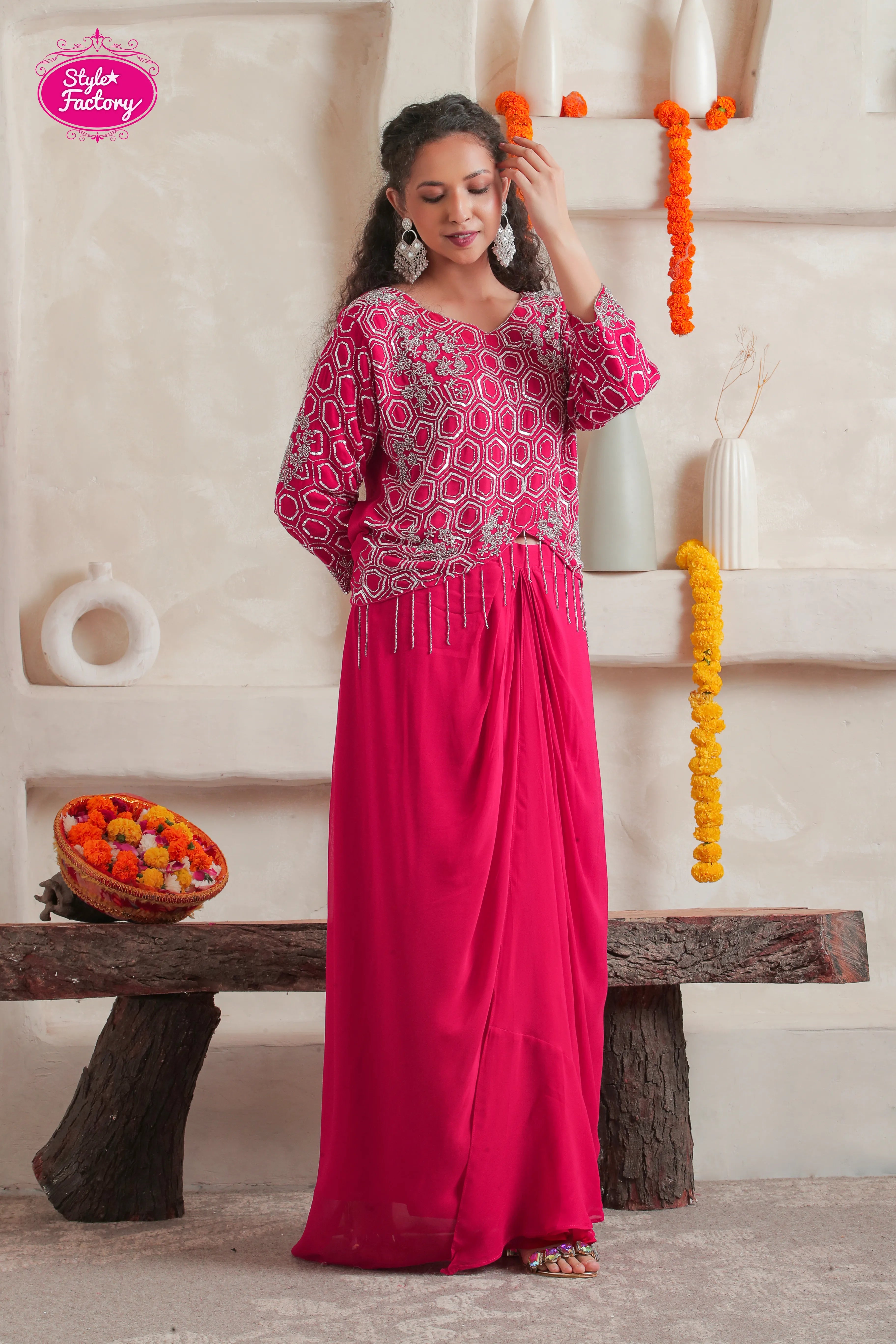 Pink 3-Piece Drape Dress with Embroidered Long Jacket