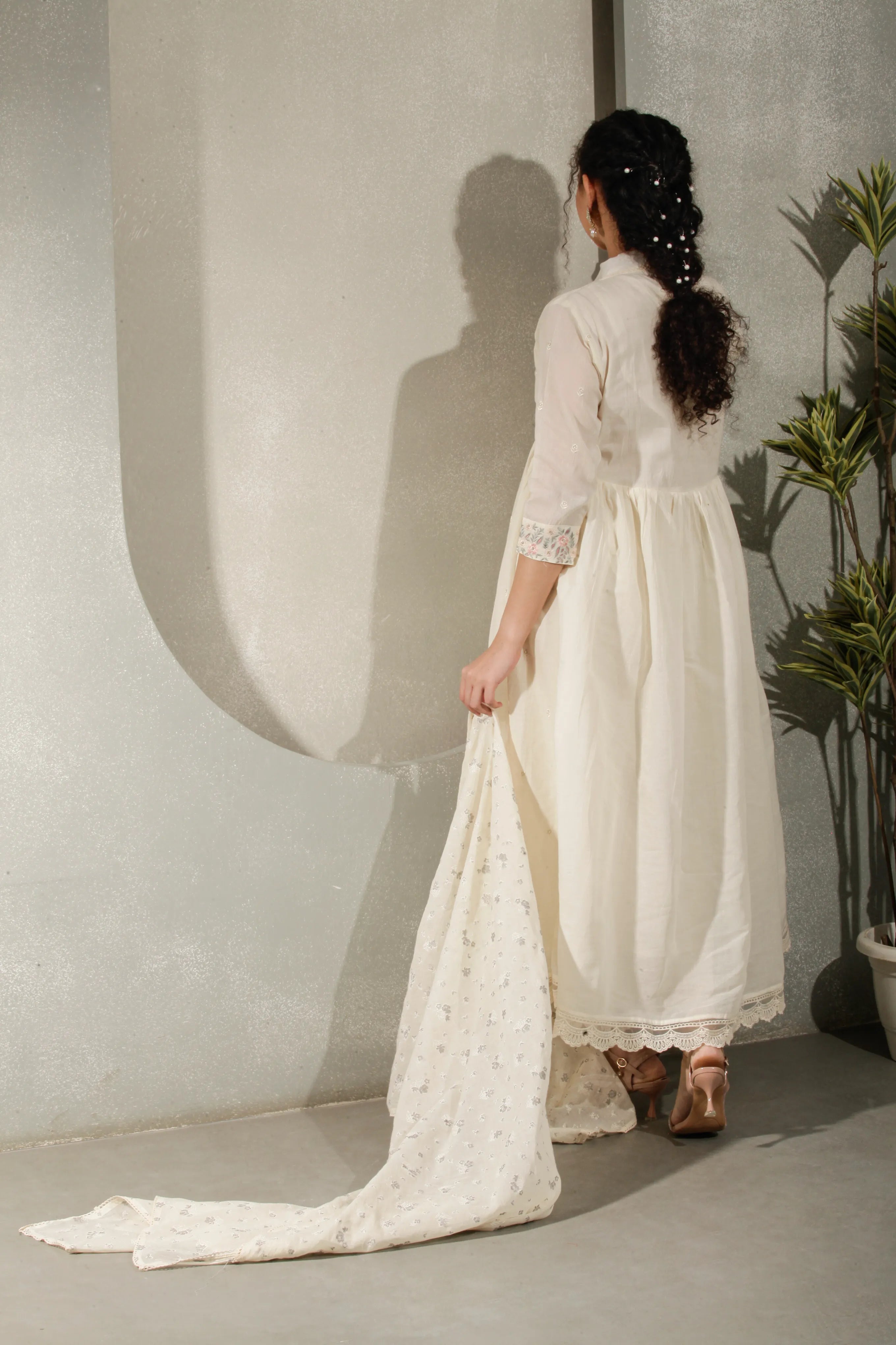 Off White A-Line Kurta Set with Pant & Dupatta