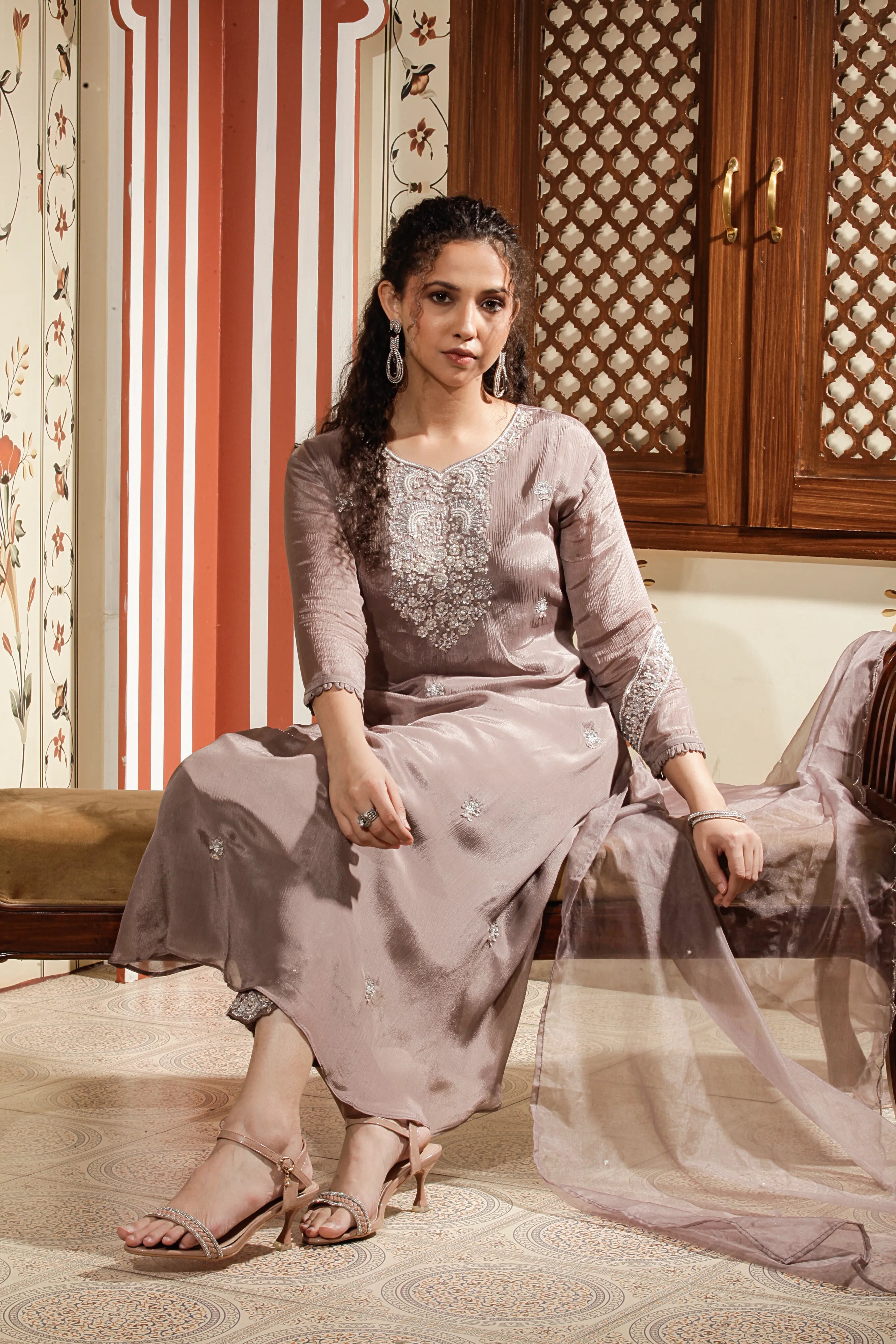 Mauve Embroidered Straight Kurta Set with Dupatta