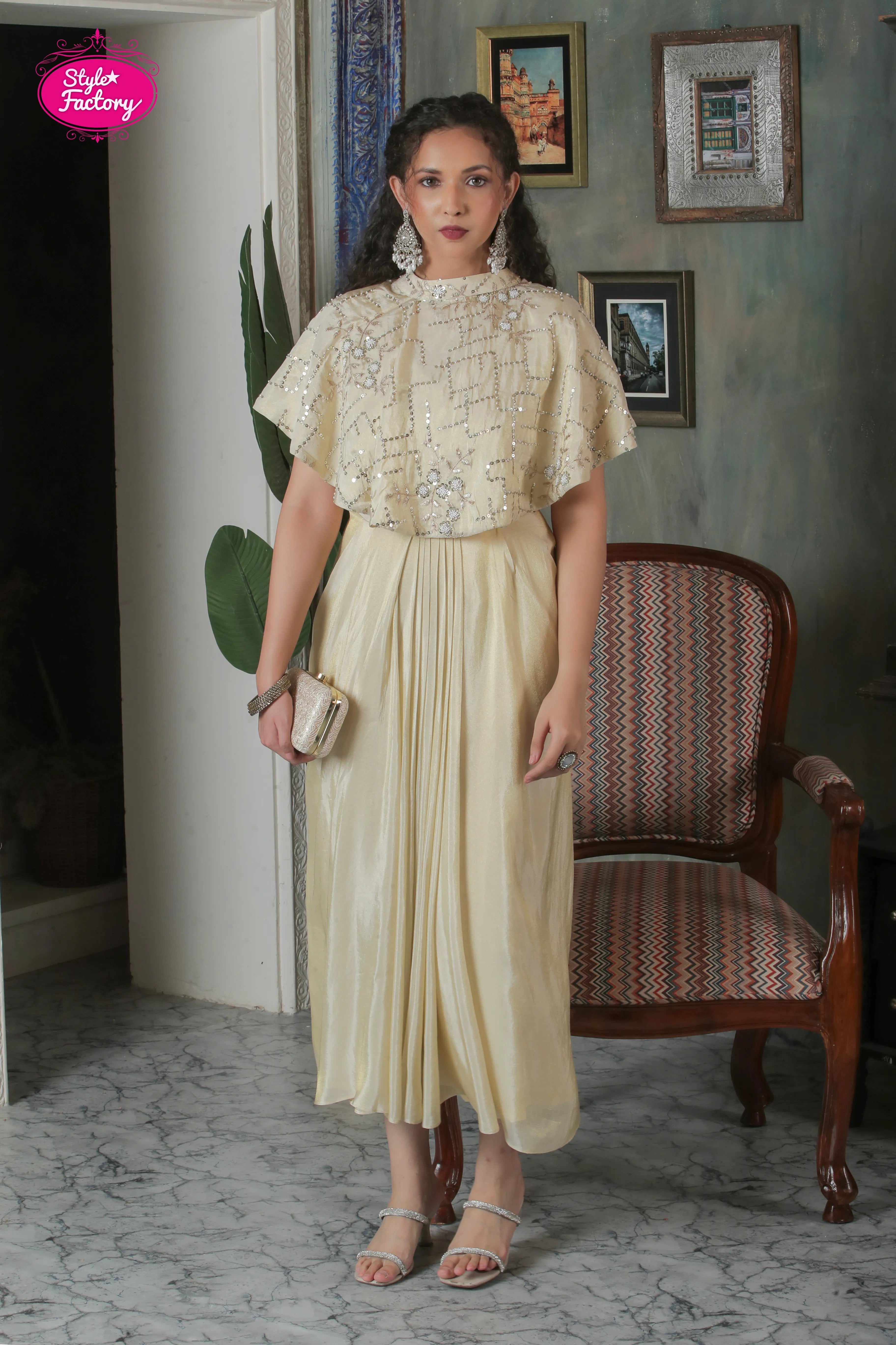 Ivory Sequinned Drape Gown Set with Cape