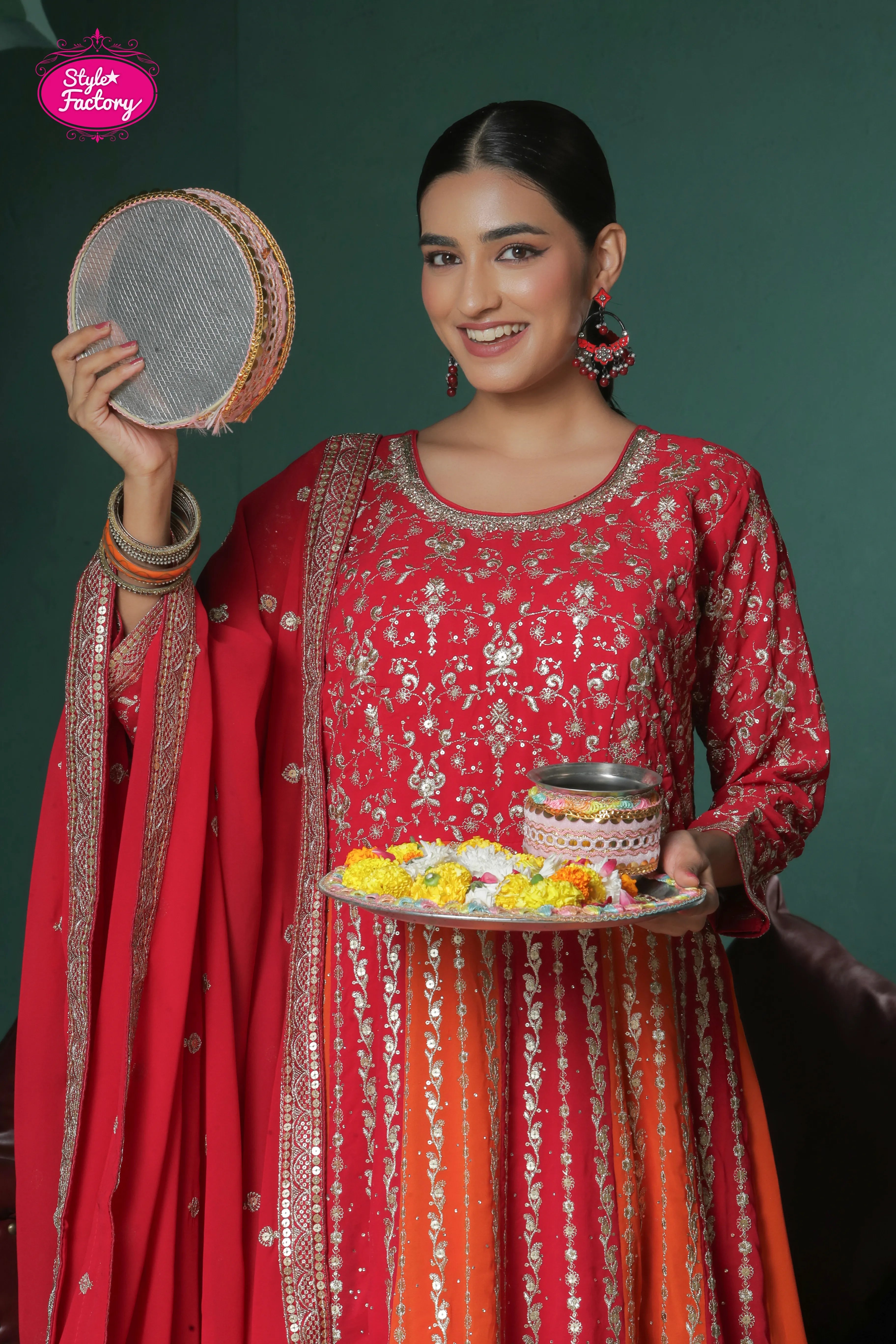 Orange & Red Rani Chinon Embroidered Anarkali Suit