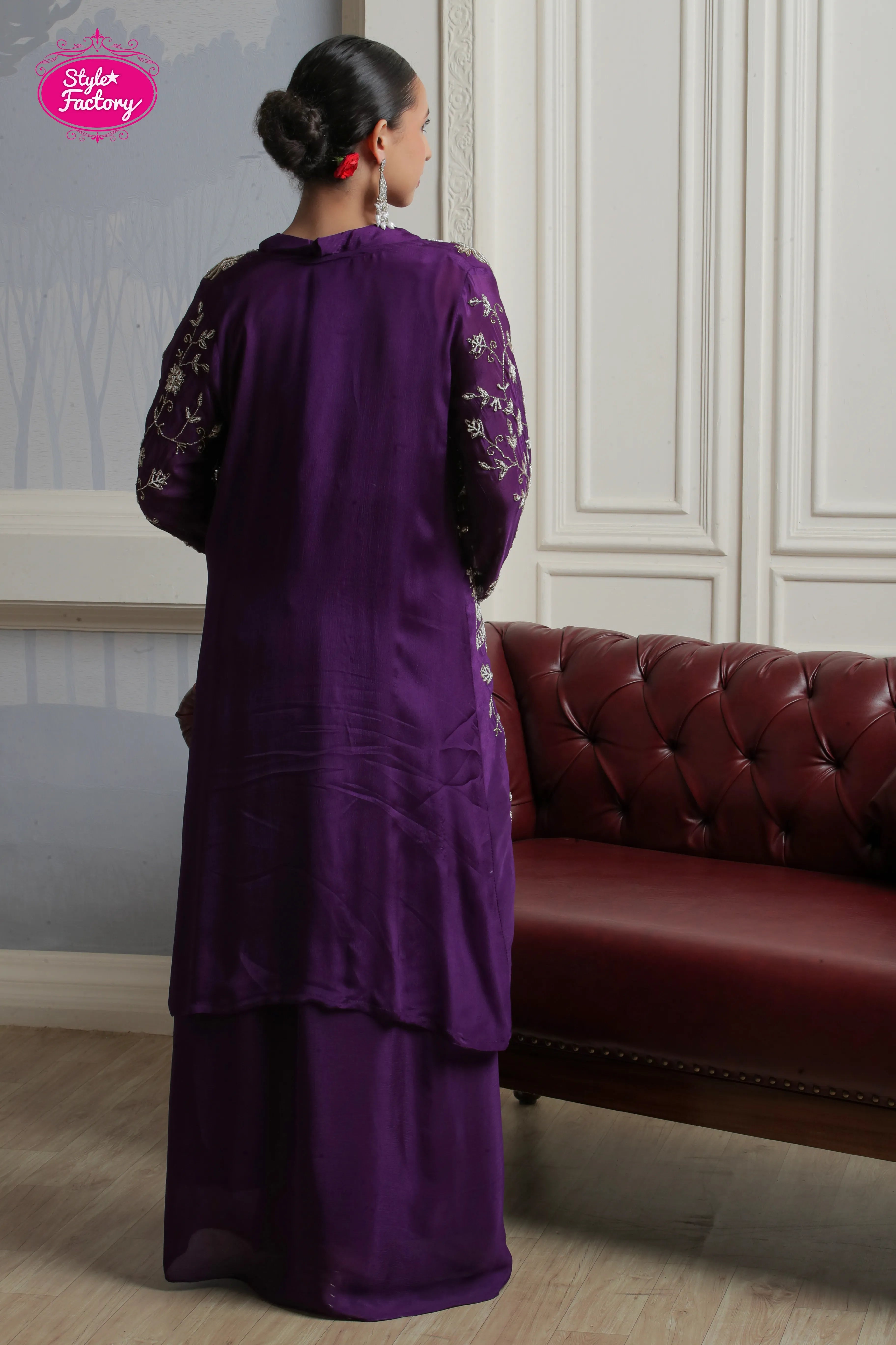Purple 3-Piece Drape Dress with Embroidered Long Jacket