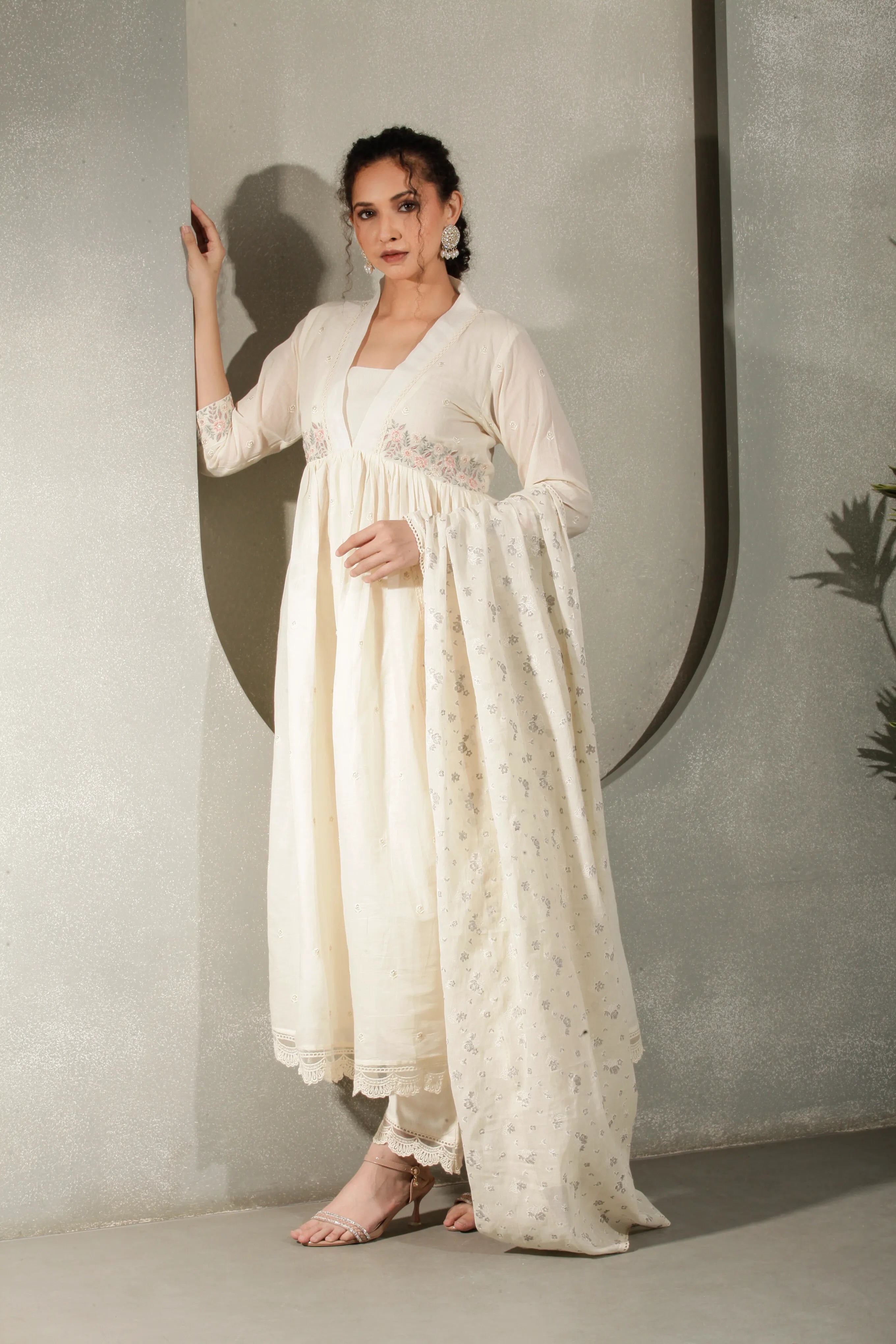 Off White A-Line Kurta Set with Pant & Dupatta
