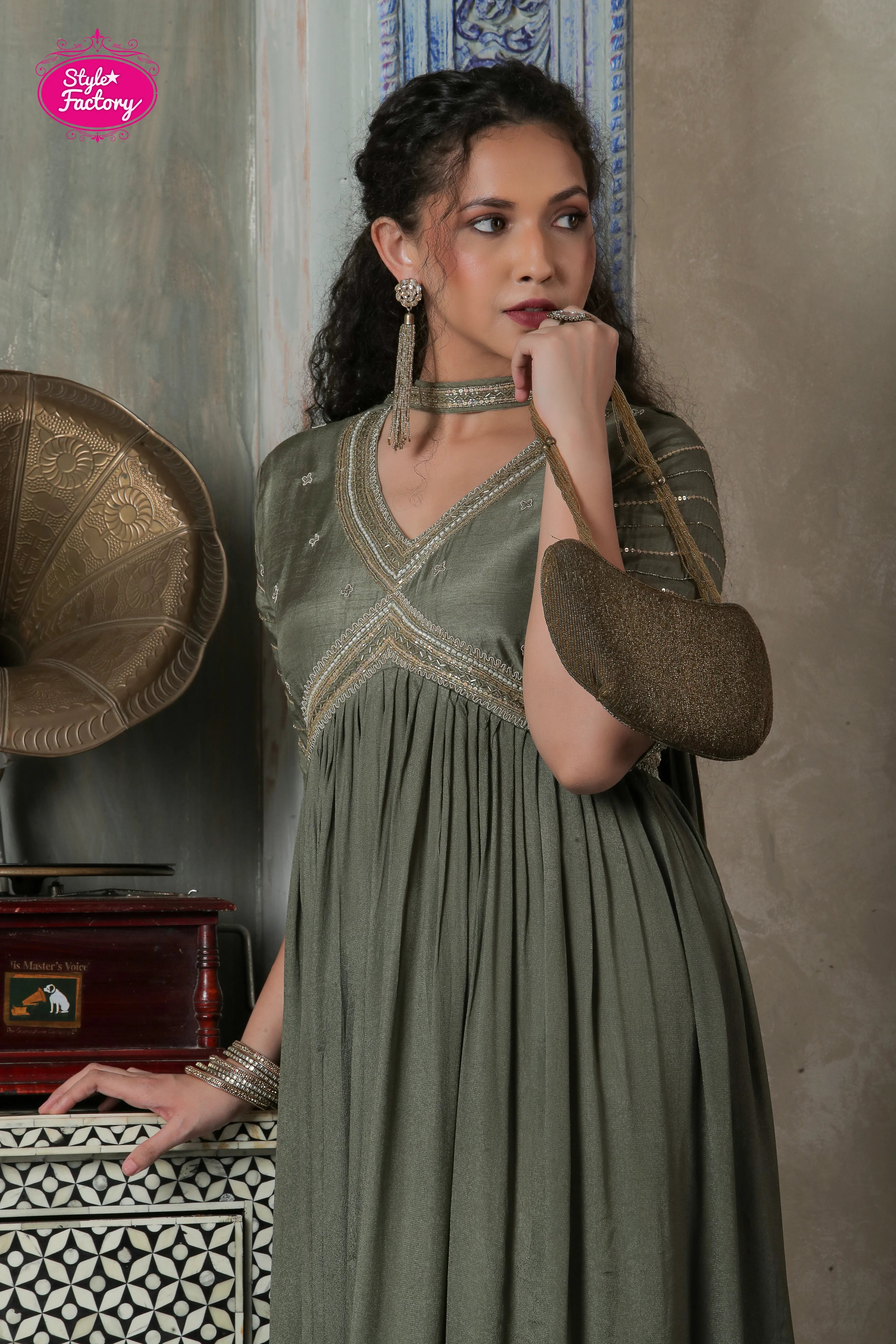 Sage Green Embroidered Anarkali Suit with Choker Dupatta