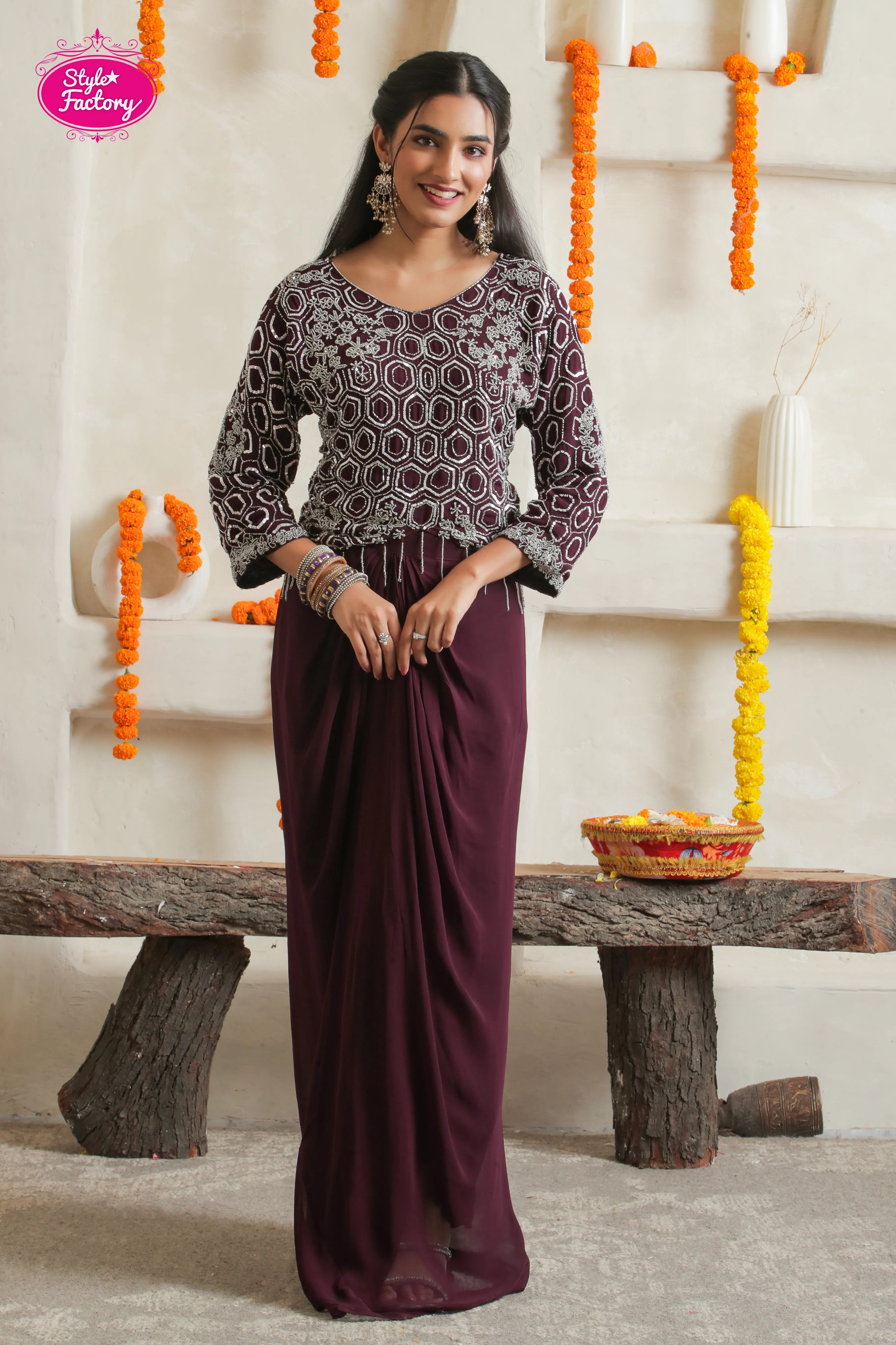 Wine Embroidered Drape Skirt Dress