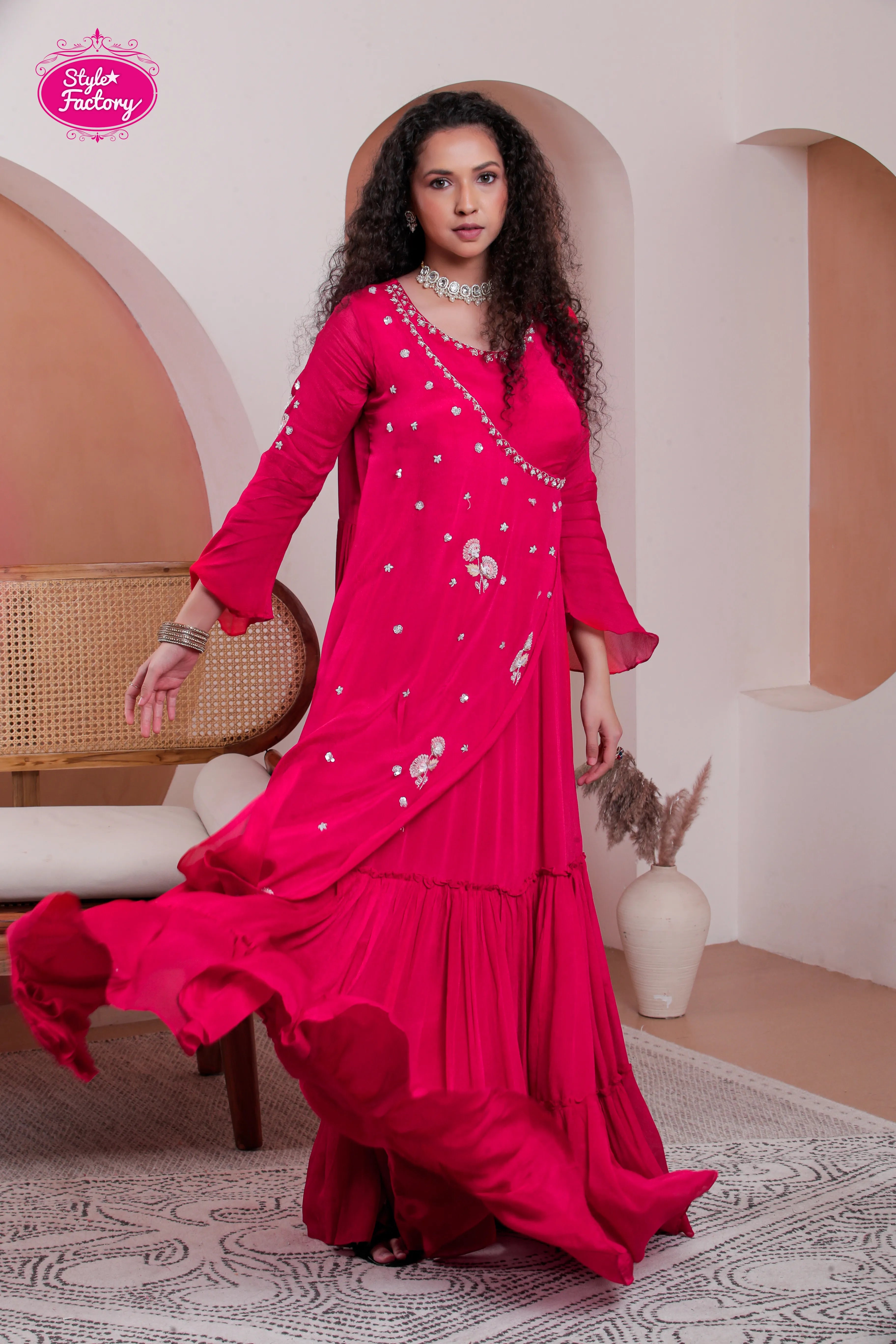 Designer Red Flared Gown with Embellished Detailing