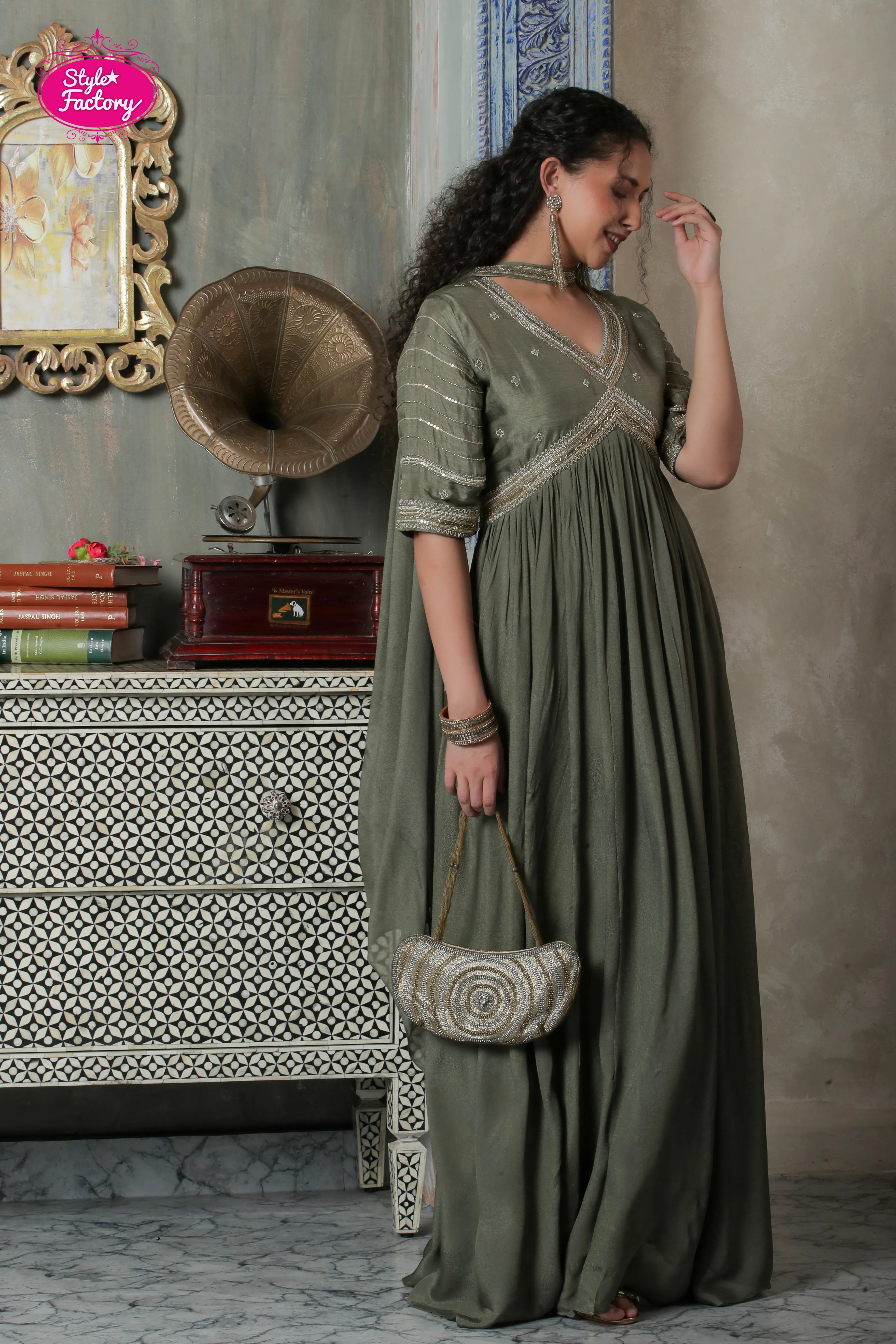 Sage Green Embroidered Anarkali Suit with Choker Dupatta