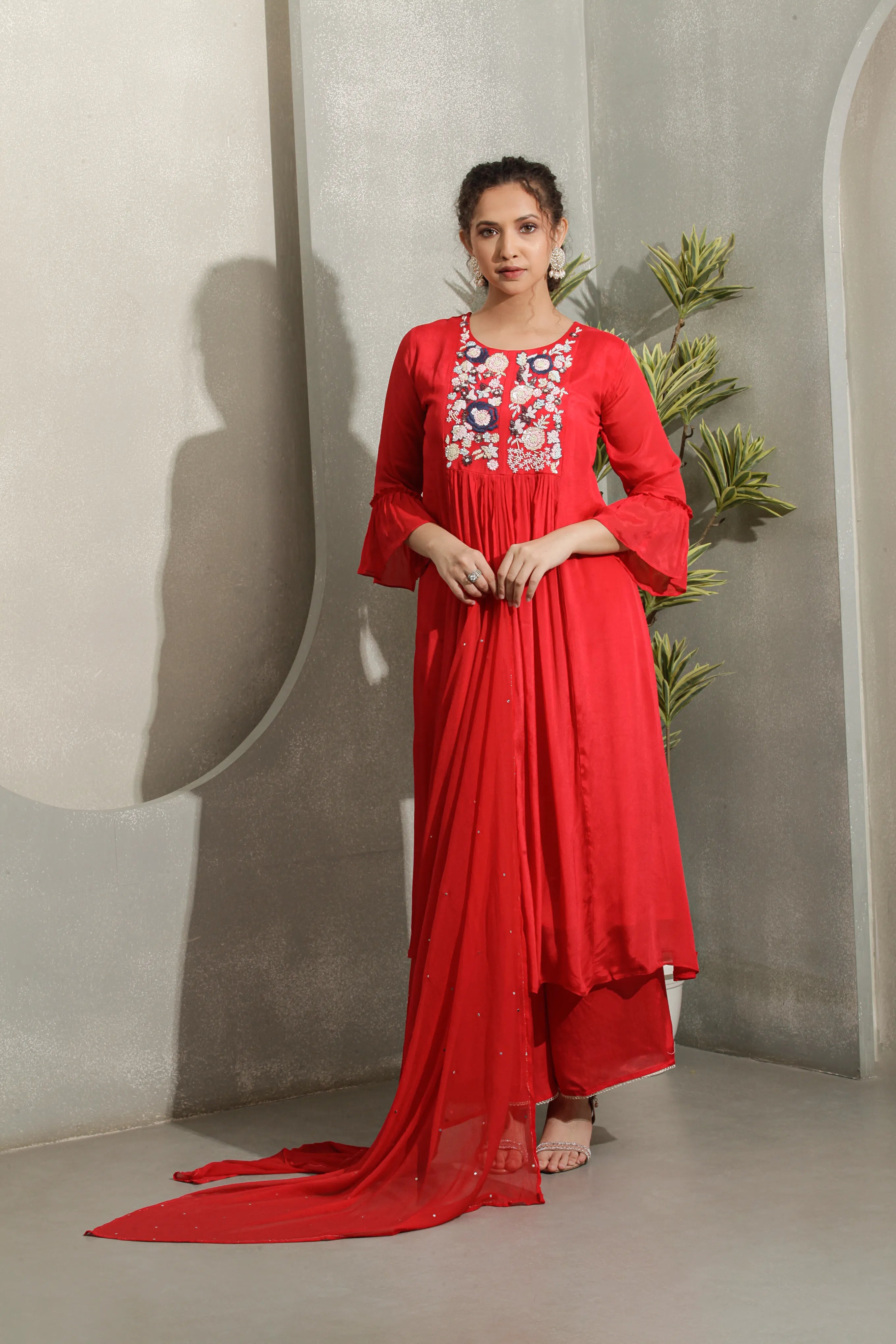 Cherry Red A-Line Kurta Set with Pant & Dupatta