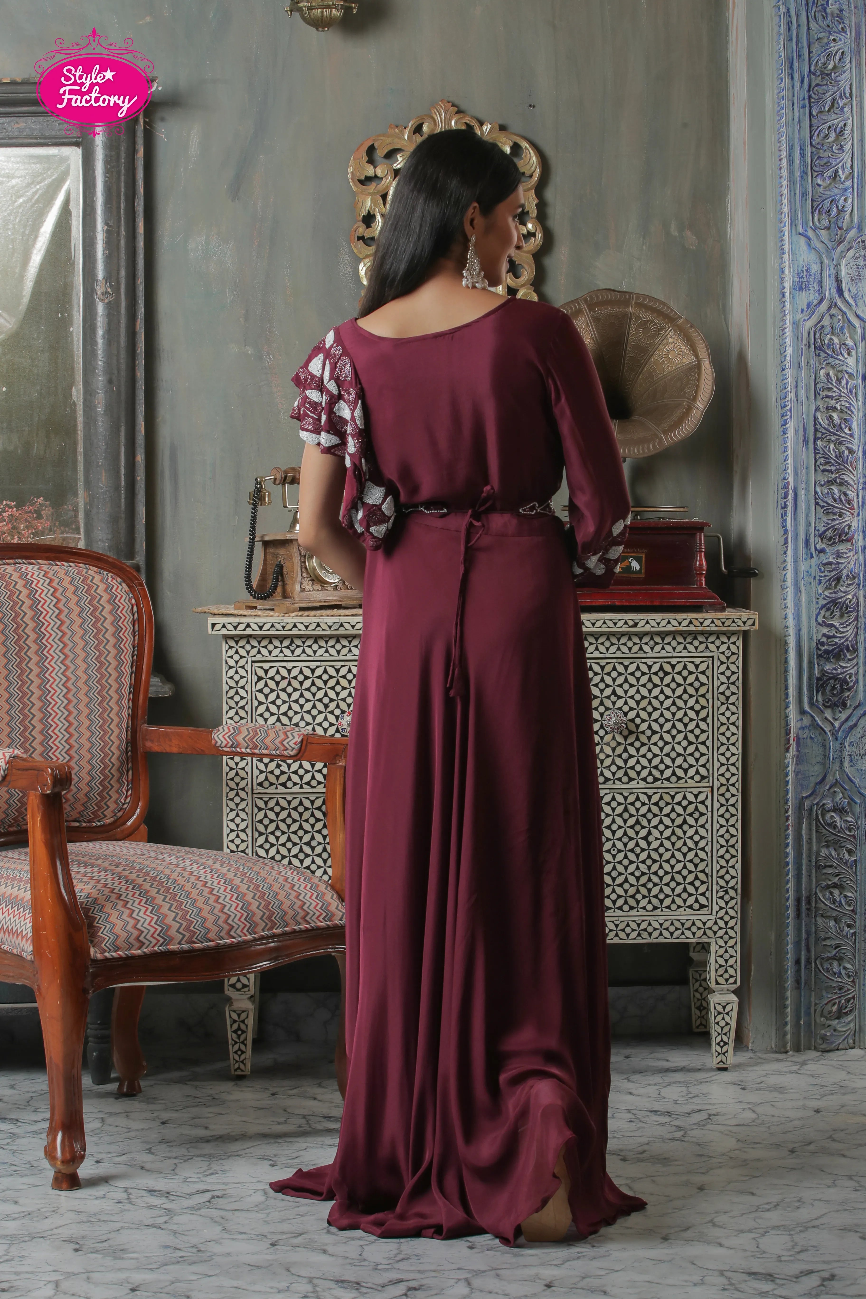 Wine Ruffle Sleeve Embroidered Gown