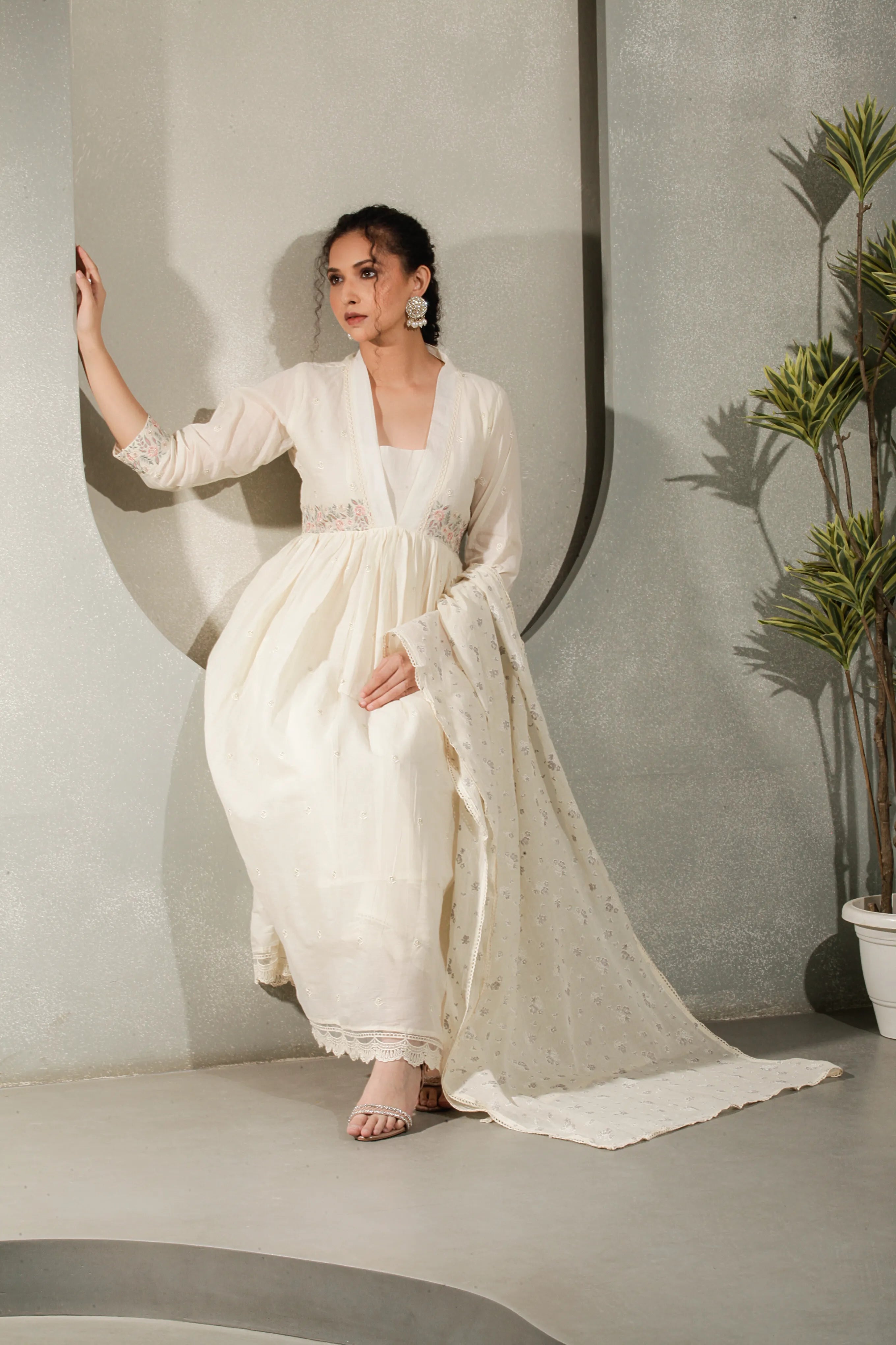 Off White A-Line Kurta Set with Pant & Dupatta