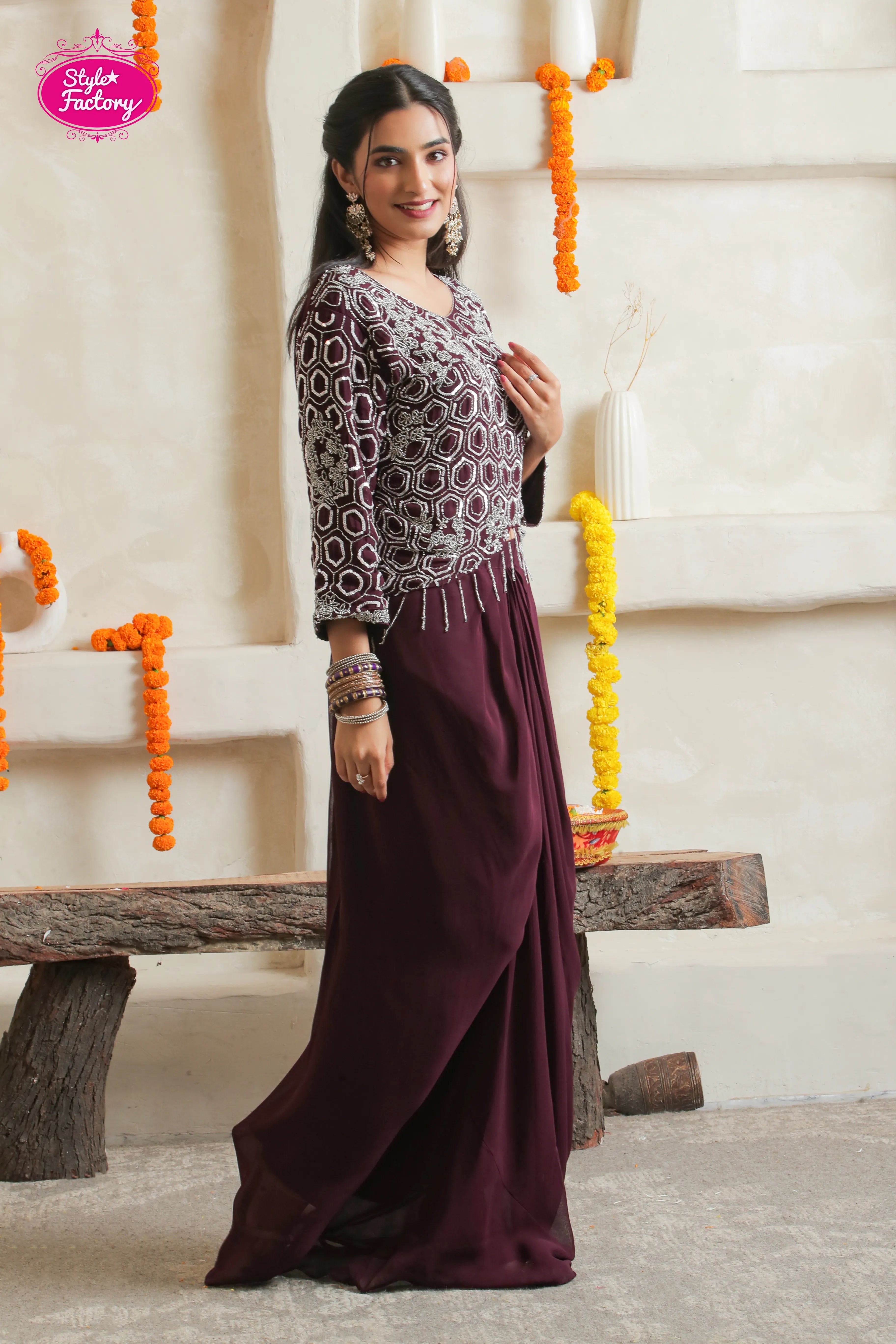 Wine Embroidered Drape Skirt Dress