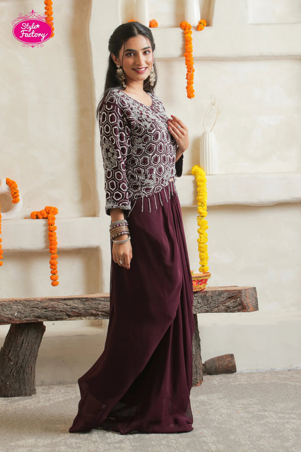 Wine Embroidered Drape Skirt Dress