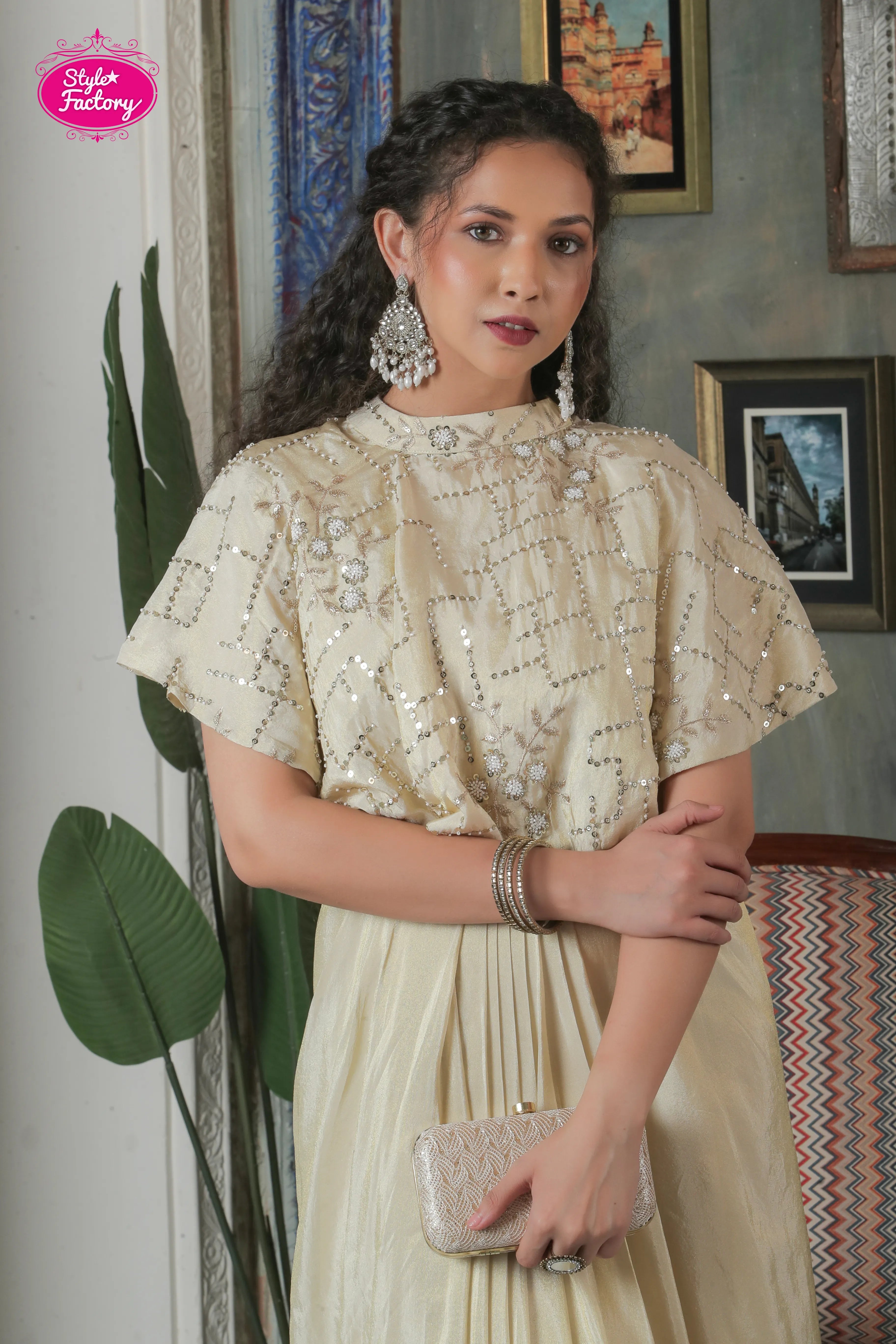 Ivory Sequinned Drape Gown Set with Cape