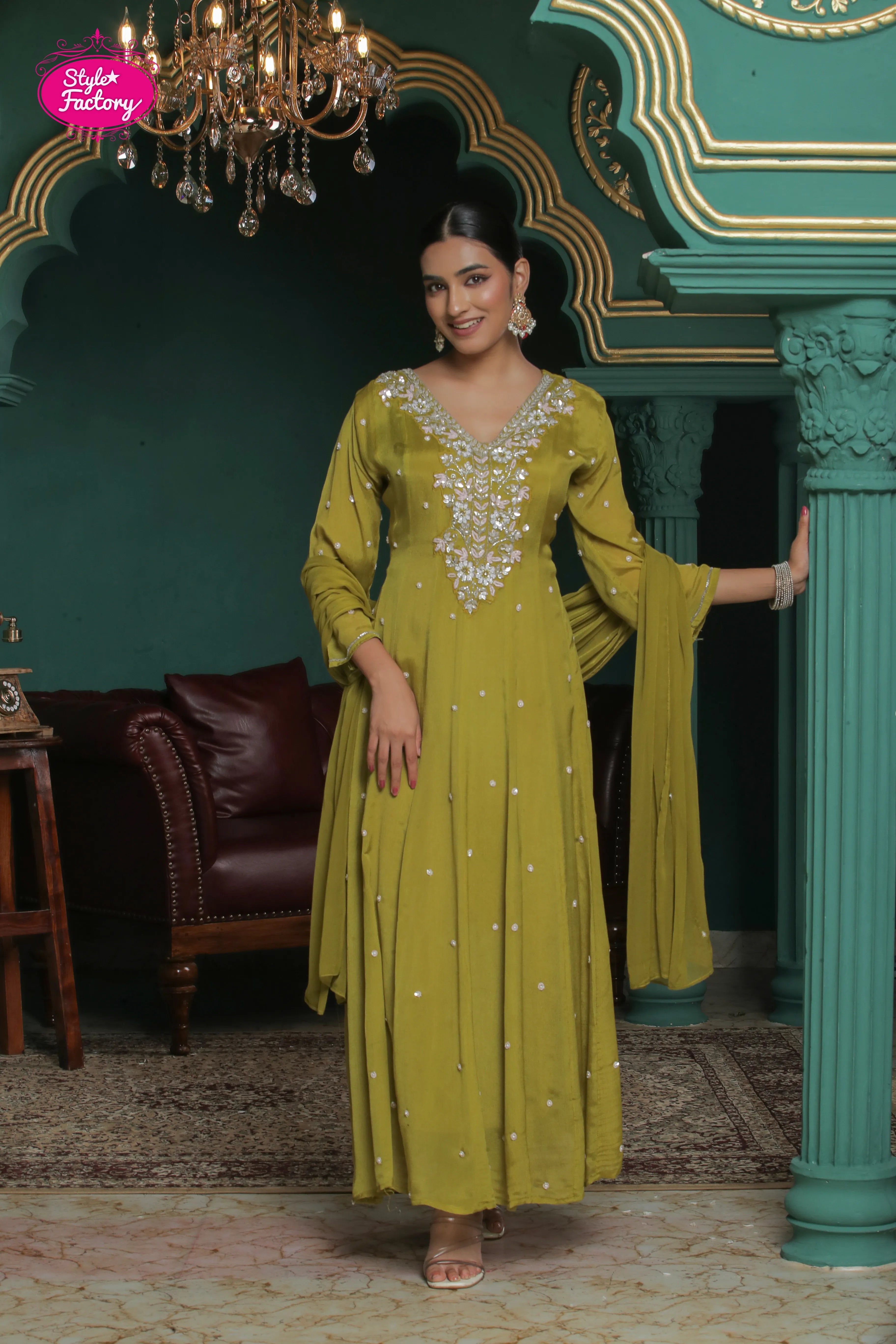 Olive Green Embroidered Anarkali Suit with Dupatta