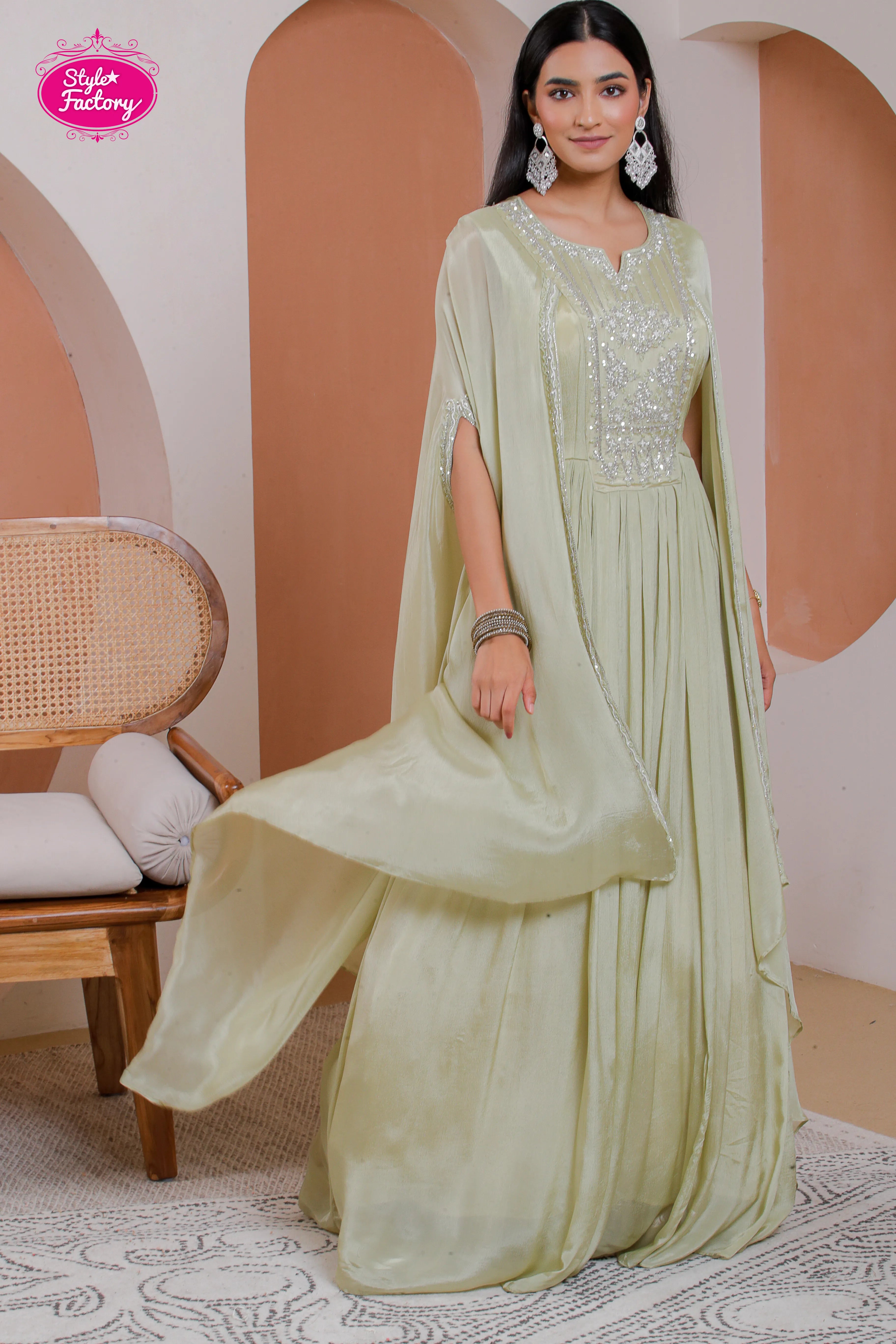 Light Green Anarkali Gown with Embroidered Yoke