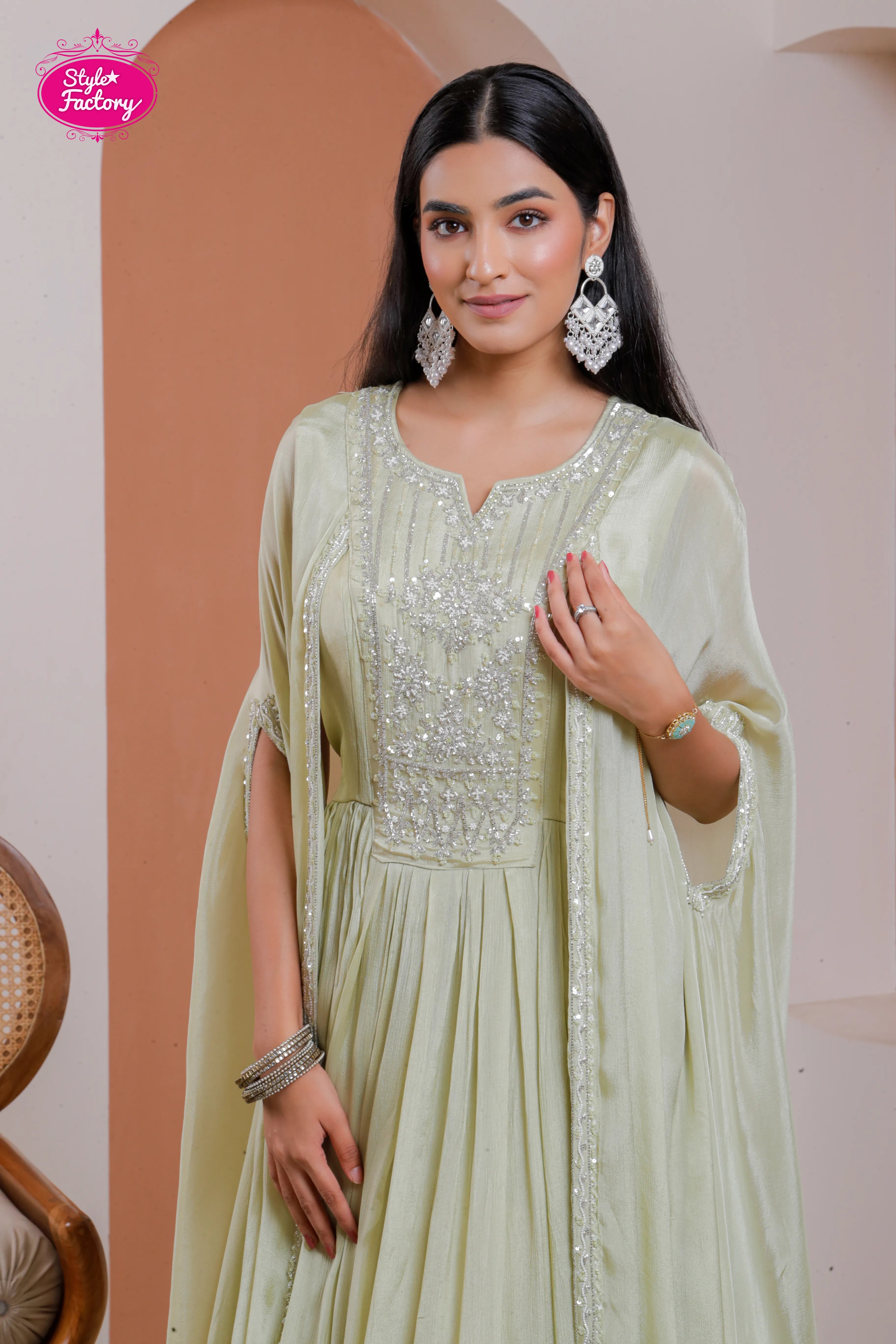 Light Green Anarkali Gown with Embroidered Yoke