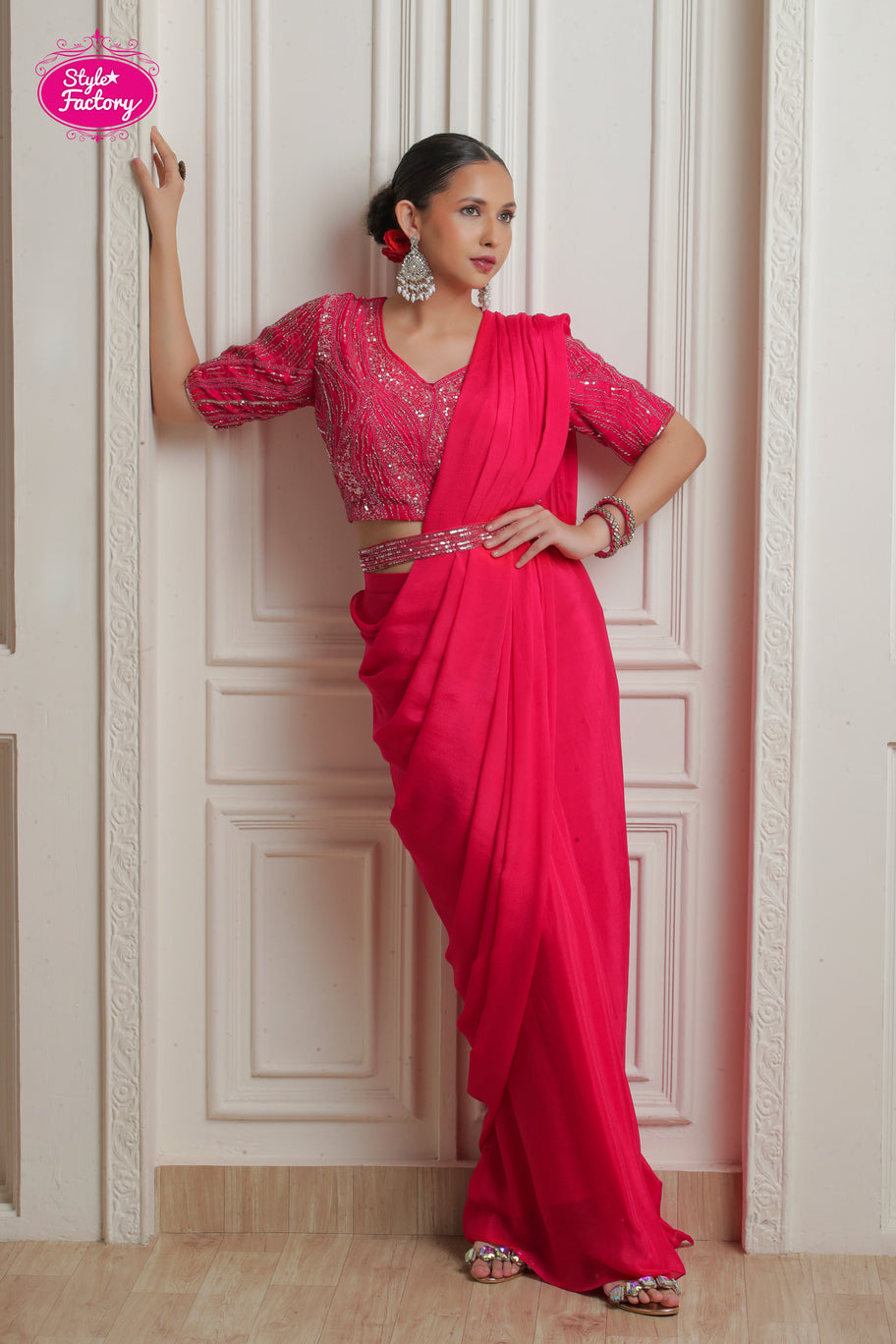 Hot Pink 3-Piece Drape Saree