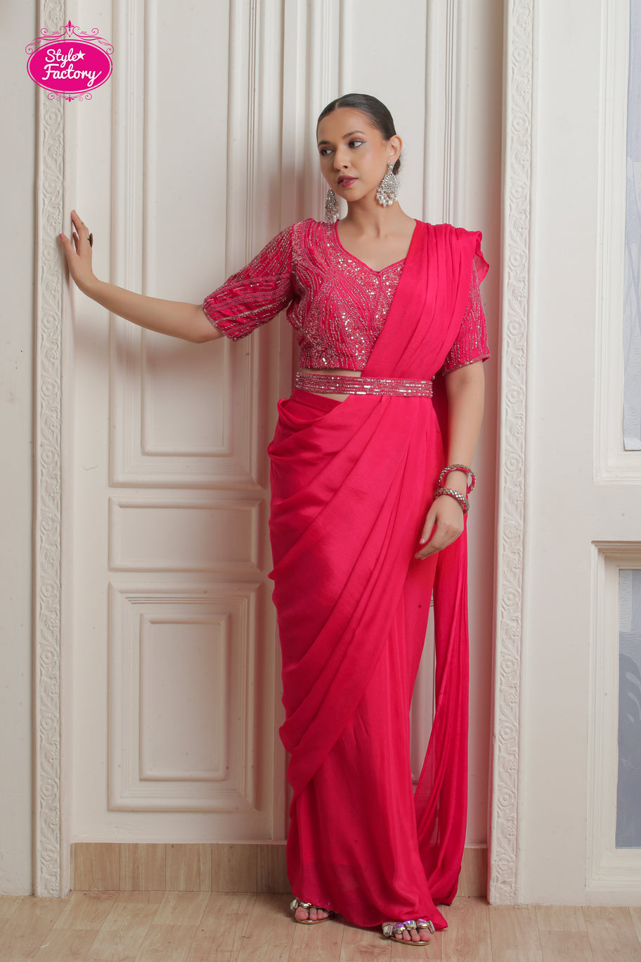 Hot Pink 3-Piece Drape Saree