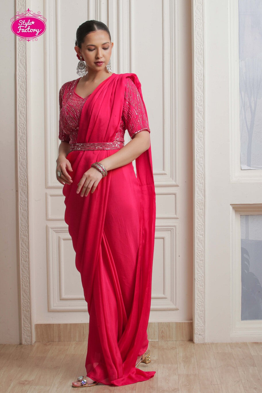 Hot Pink 3-Piece Drape Saree