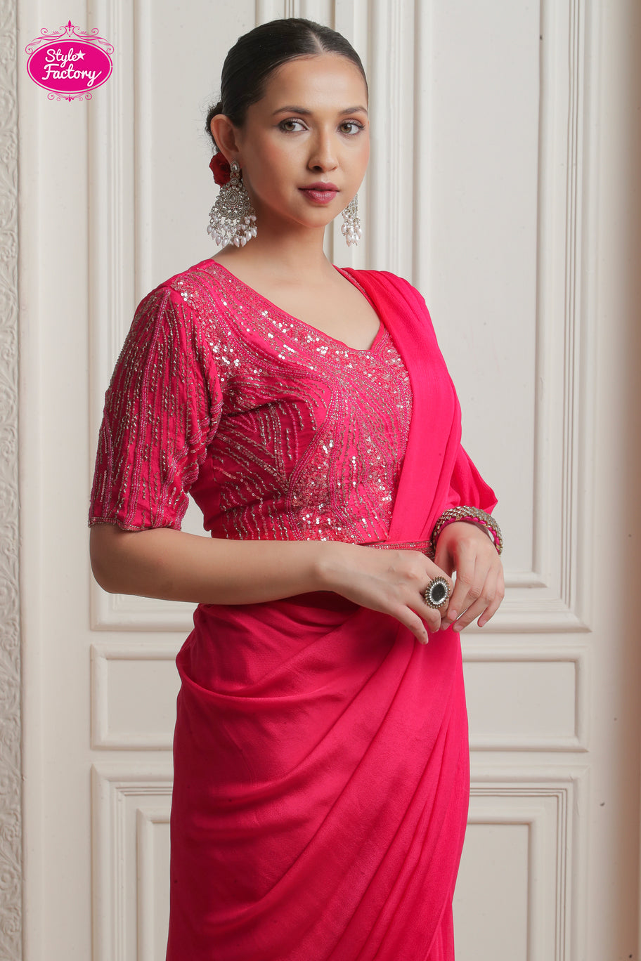 Hot Pink 3-Piece Drape Saree
