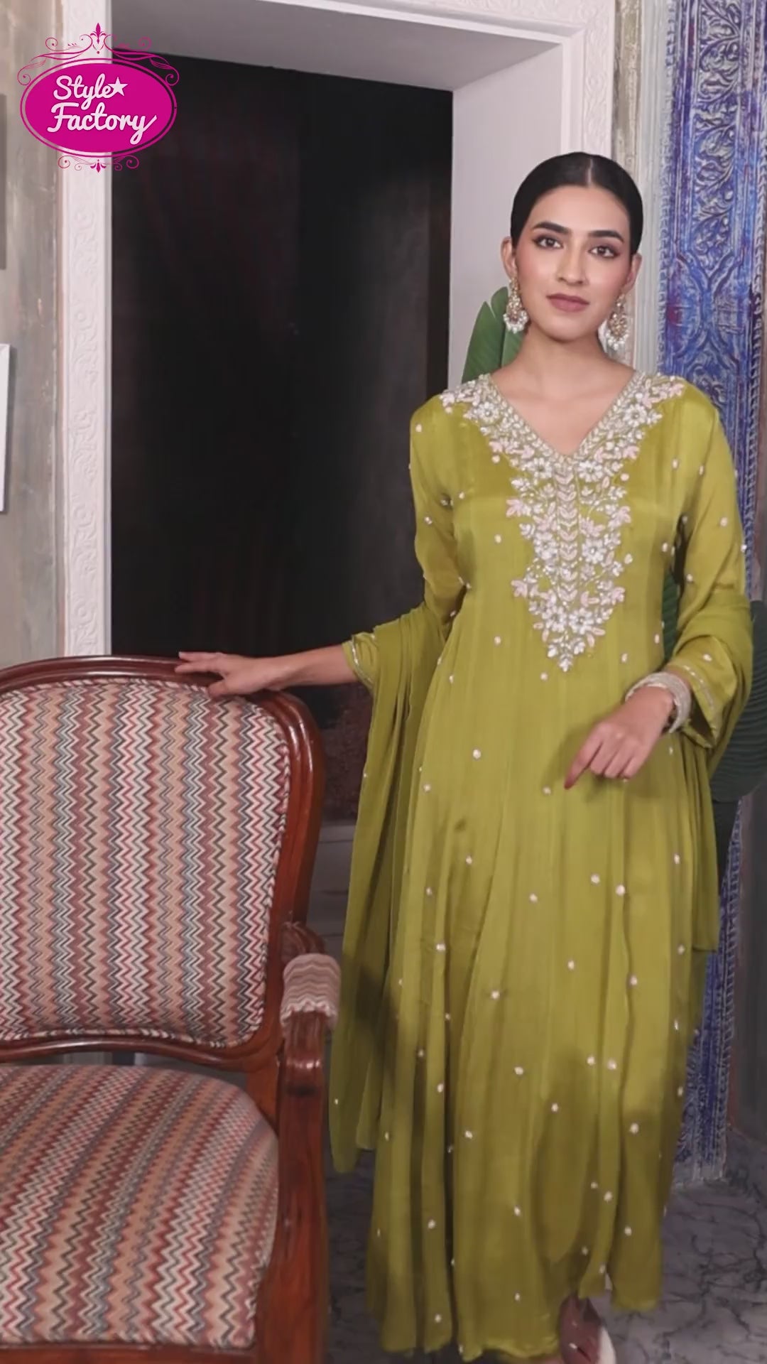Olive Green Embroidered Anarkali Suit with Dupatta