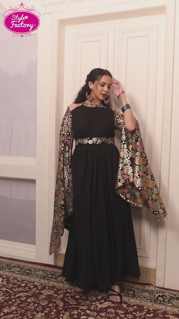 Black Anarkali Stylish Gown with Multicolor Thread Work