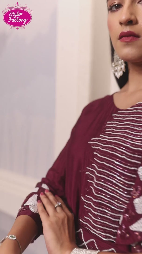 Wine Ruffle Sleeve Embroidered Gown