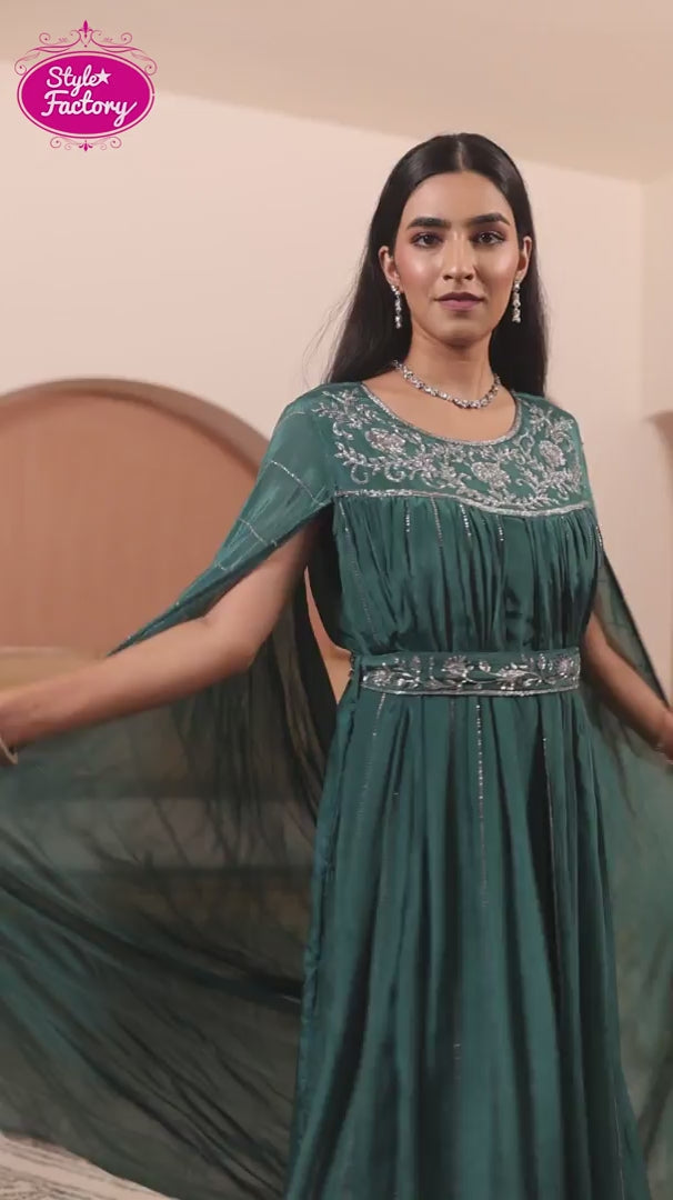 Teal Green Embroidered Gown with Designer Draped Dupatta