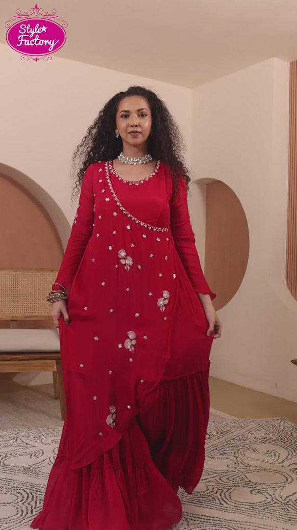 Designer Red Flared Gown with Embellished Detailing