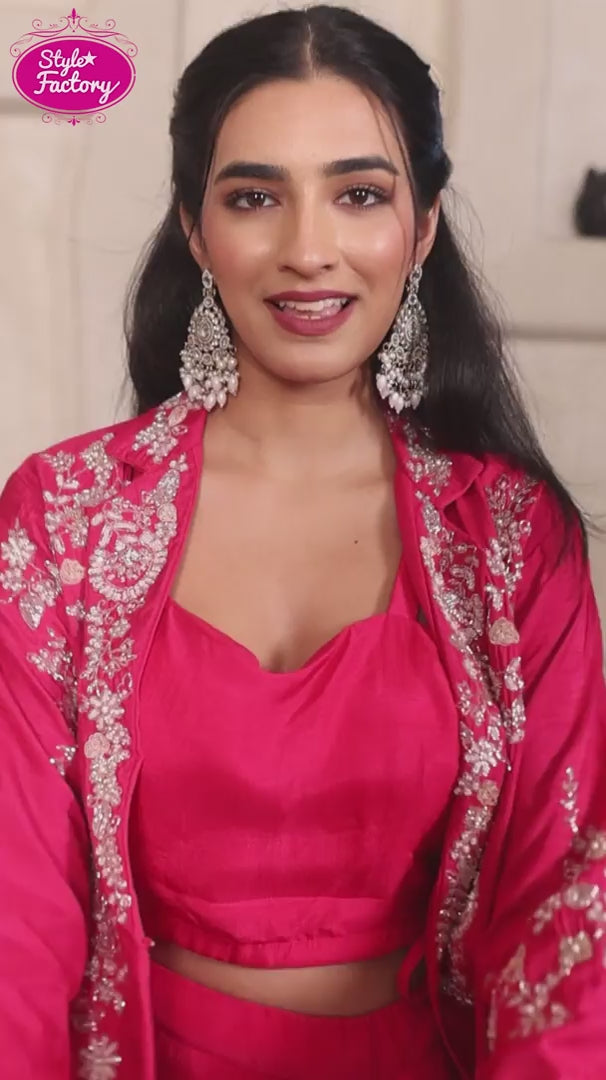 Indowestern Drape 3-Piece Dress in Hot Pink