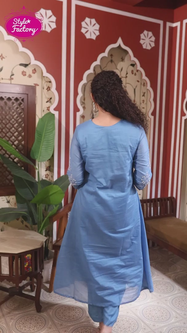 Sky Blue A-Line Kurta Set with Pant & Dupatta