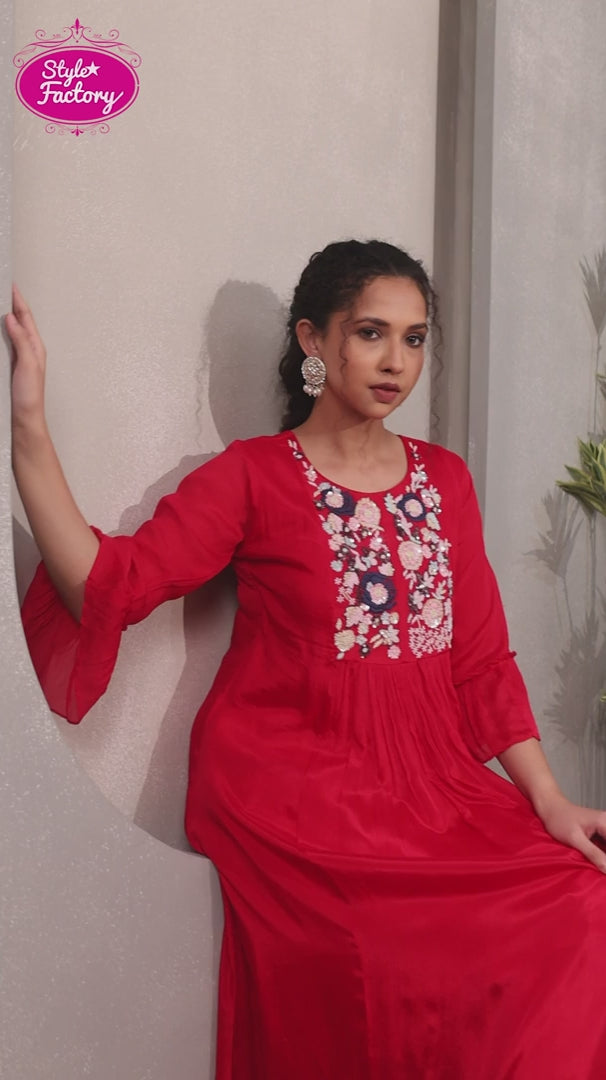 Cherry Red A-Line Kurta Set with Pant & Dupatta