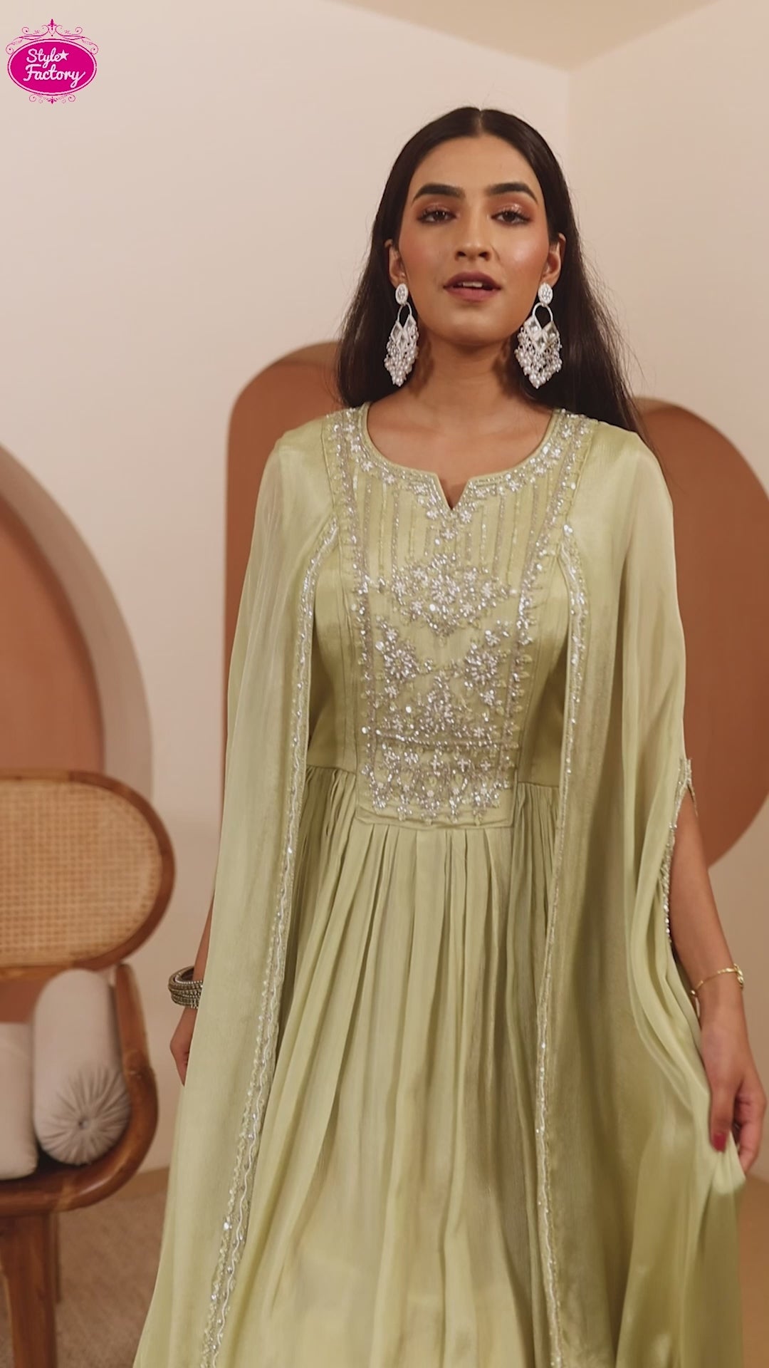 Light Green Anarkali Gown with Embroidered Yoke
