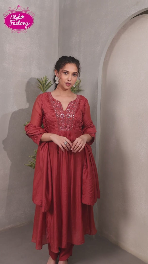 Rust Copper A-Line Kurta Set with Pant & Dupatta