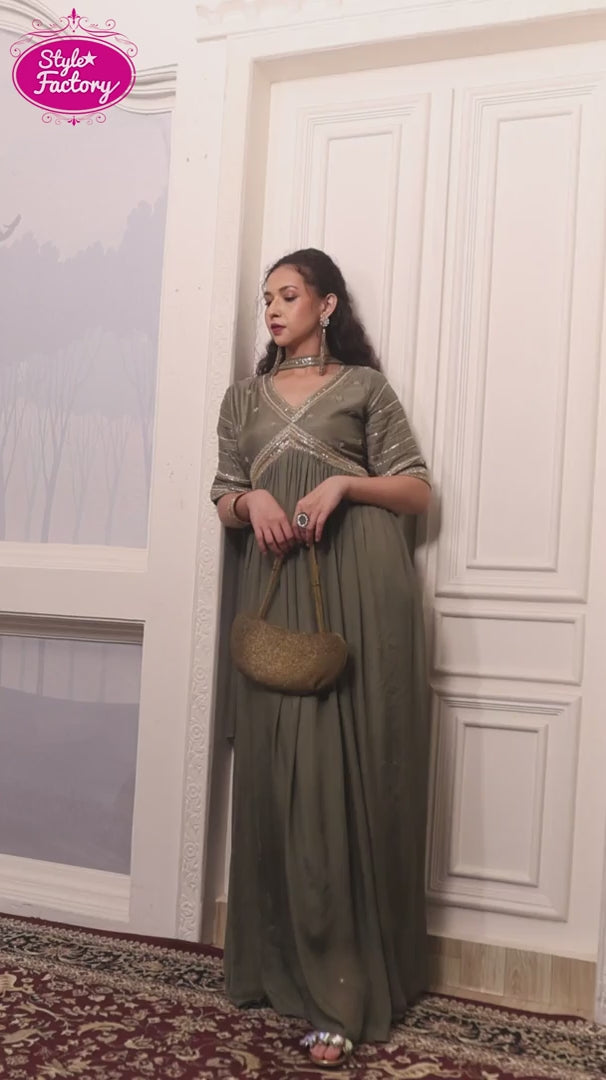 Sage Green Embroidered Anarkali Suit with Choker Dupatta