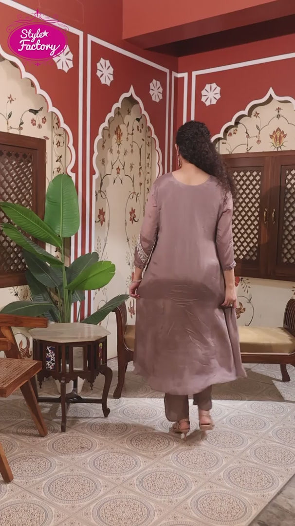 Mauve Embroidered Straight Kurta Set with Dupatta