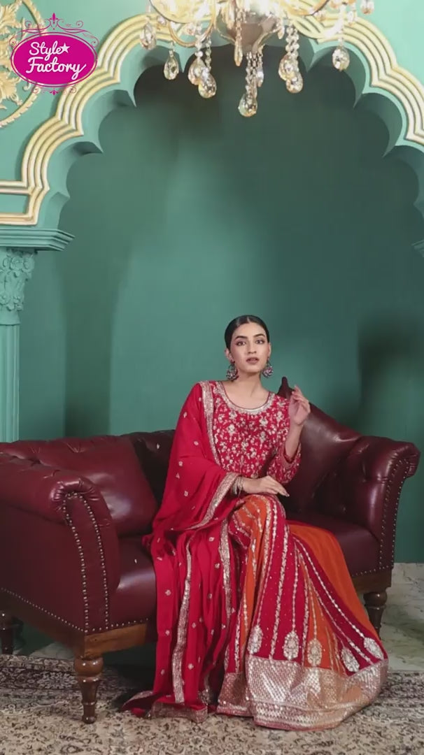 Orange & Red Rani Chinon Embroidered Anarkali Suit