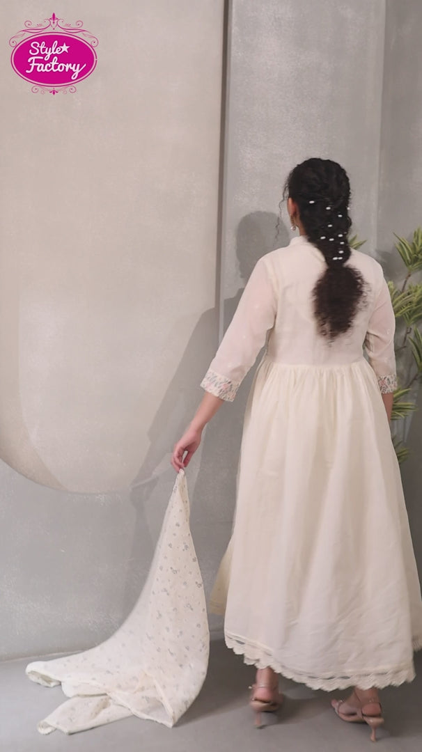 Off White A-Line Kurta Set with Pant & Dupatta