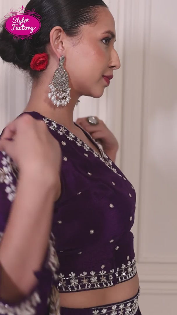 Purple 3-Piece Drape Dress with Embroidered Long Jacket