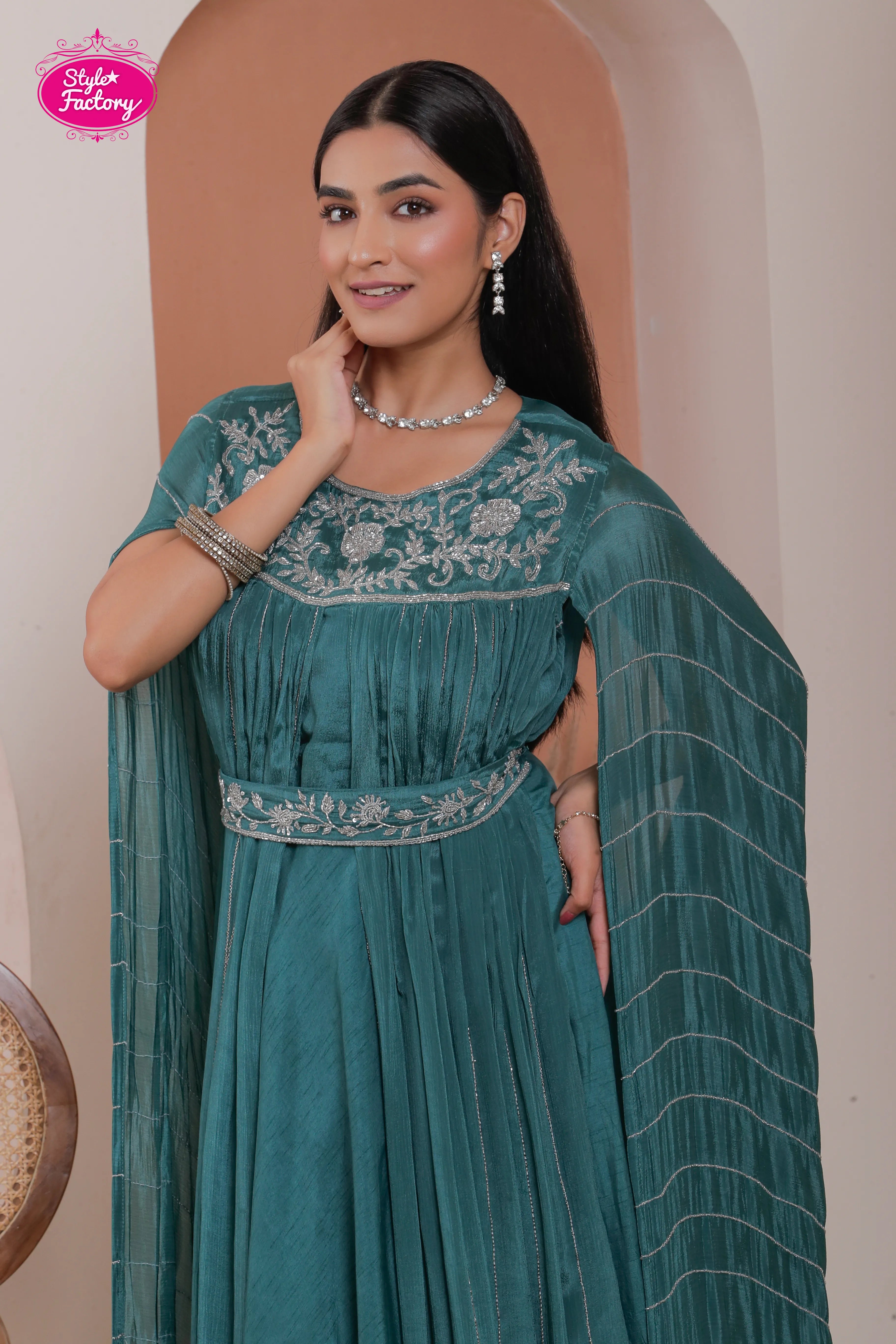 Teal Green Embroidered Gown with Designer Draped Dupatta
