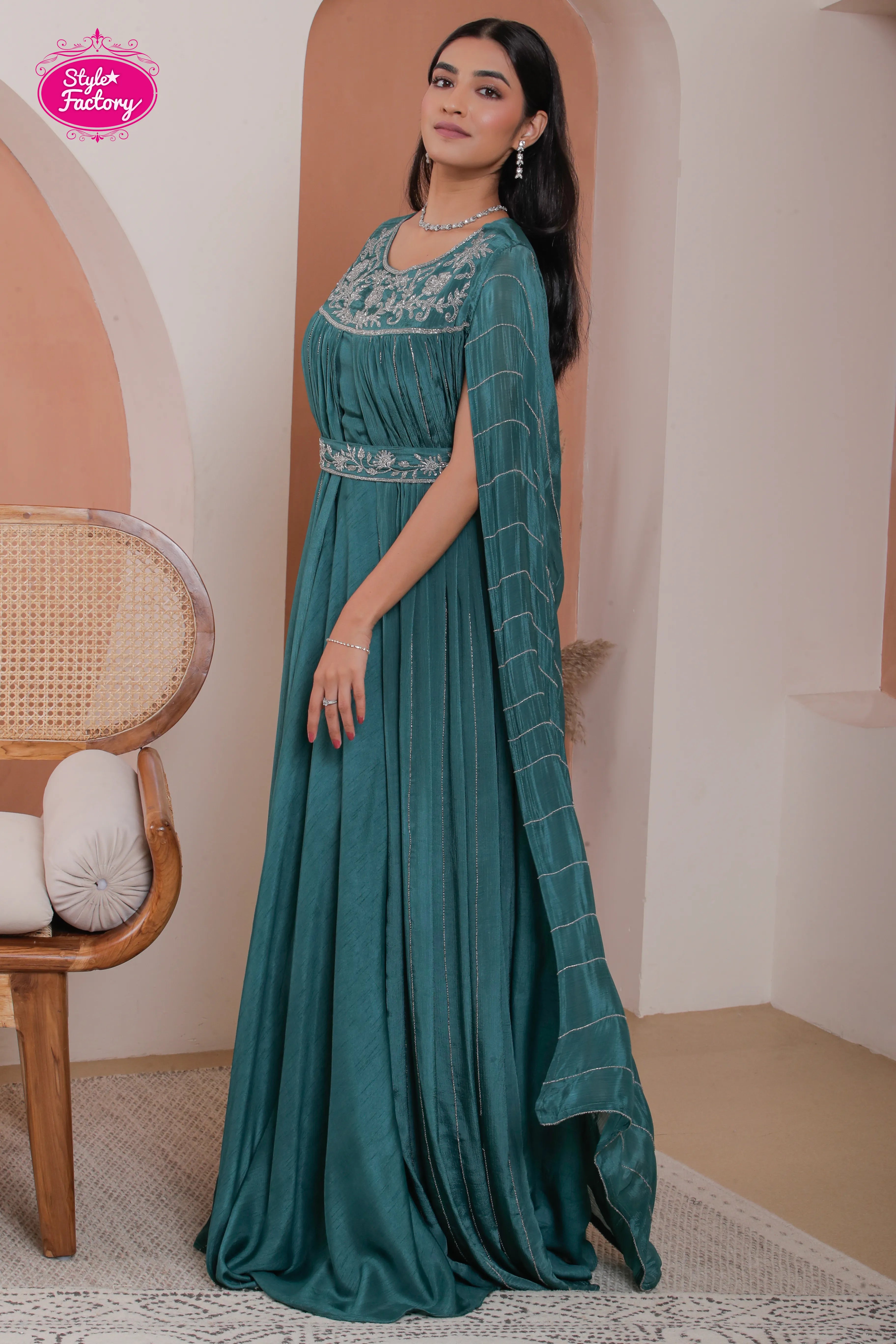 Teal Green Embroidered Gown with Designer Draped Dupatta