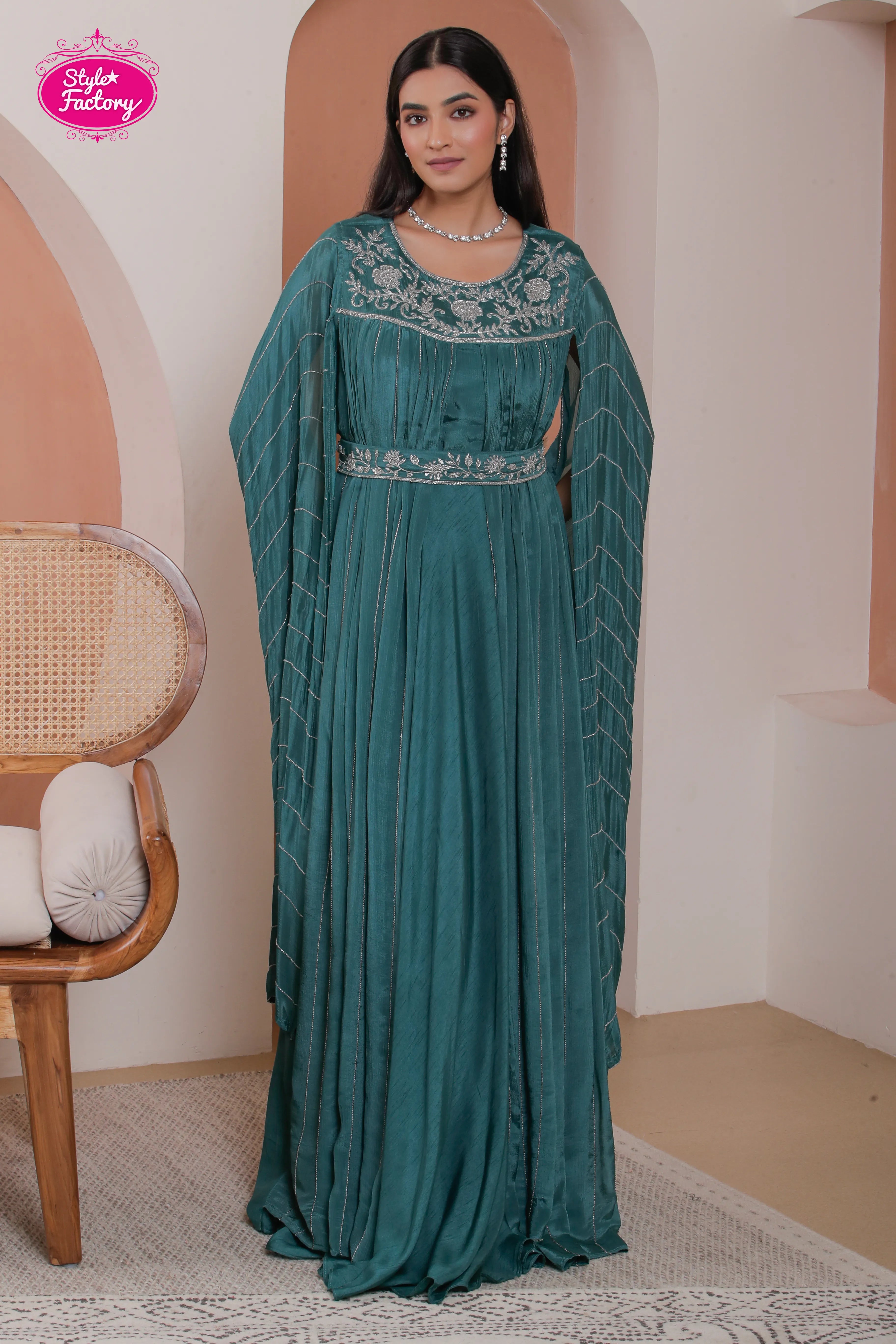 Teal Green Embroidered Gown with Designer Draped Dupatta