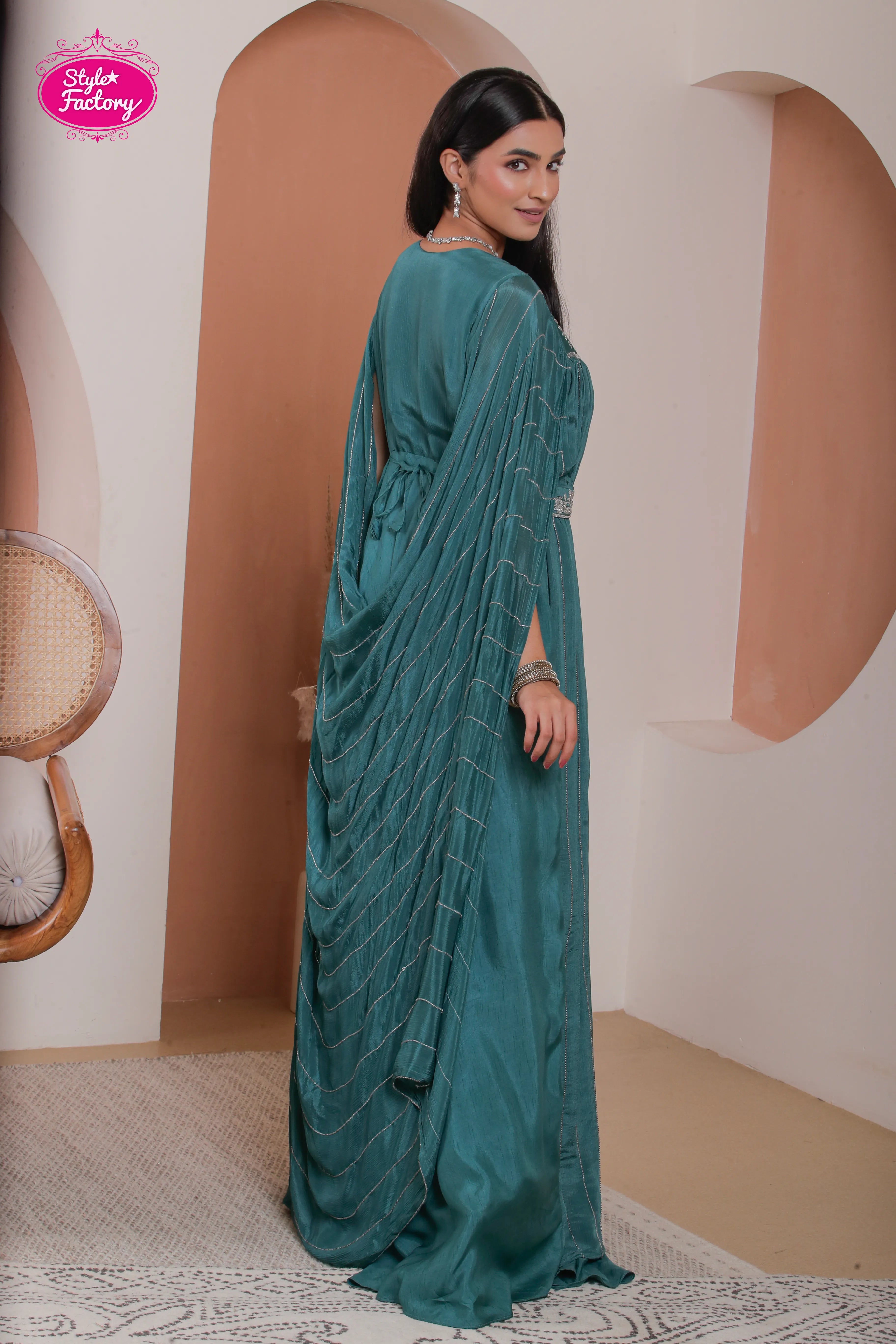 Teal Green Embroidered Gown with Designer Draped Dupatta